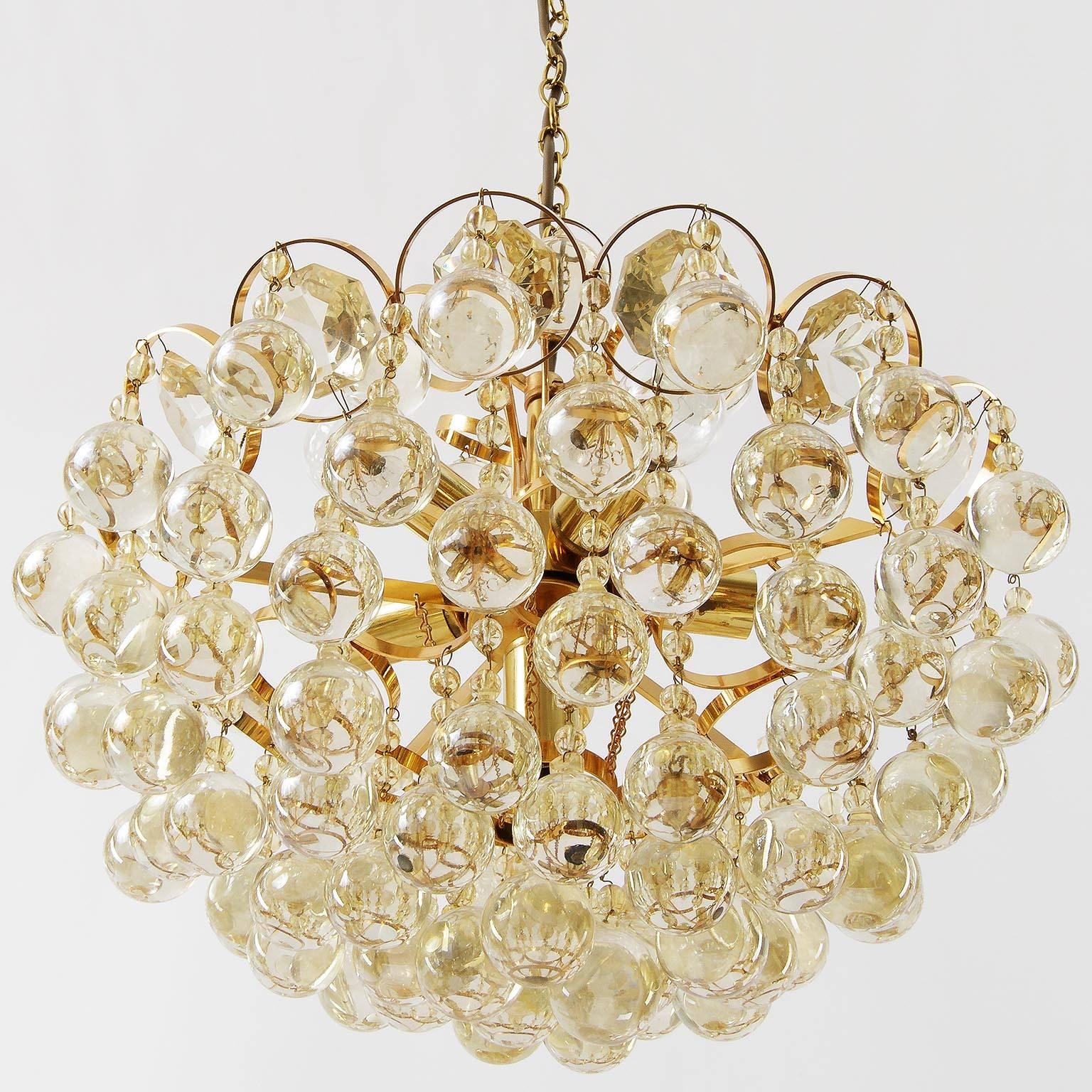 German Palwa Chandelier, Gilt Brass and Amber Tone Glass, 1960s For Sale