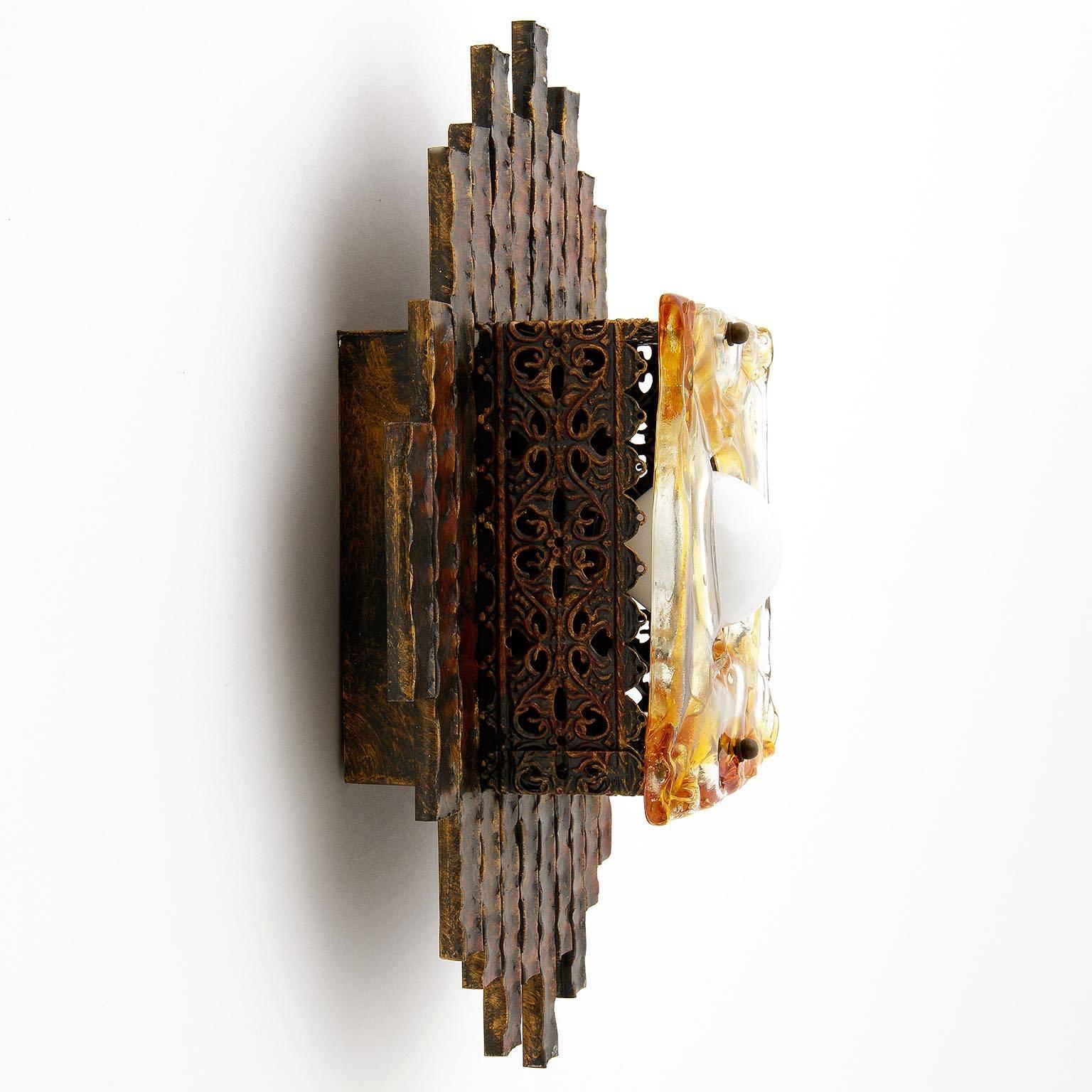 Italian Brutalist Sconce, Bronze and Glass, 1970s For Sale