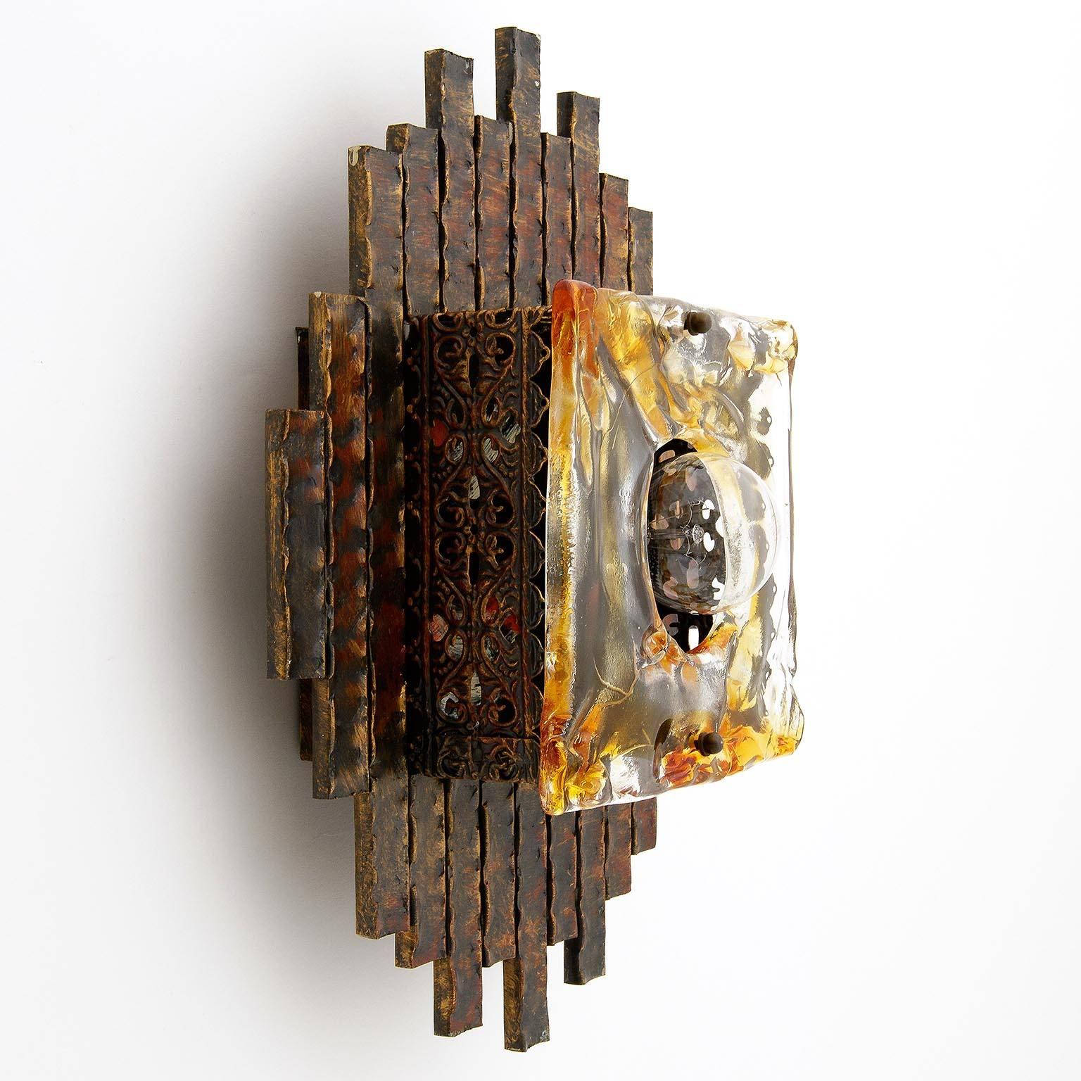 Late 20th Century Brutalist Sconce, Bronze and Glass, 1970s For Sale