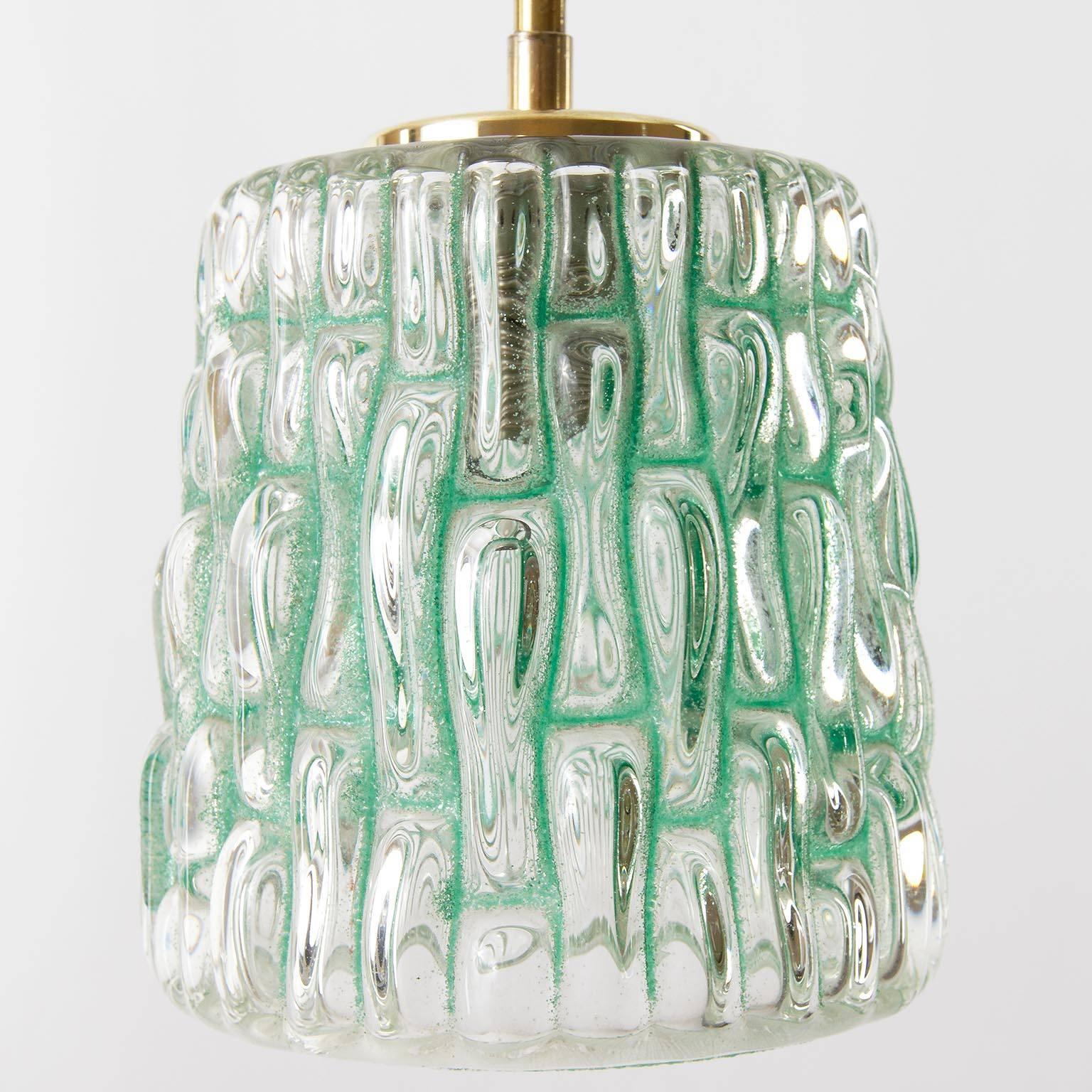 Mid-20th Century Three Colorful Glass and Brass Pendant Lights by Rupert Nikoll, Austria, 1950s For Sale