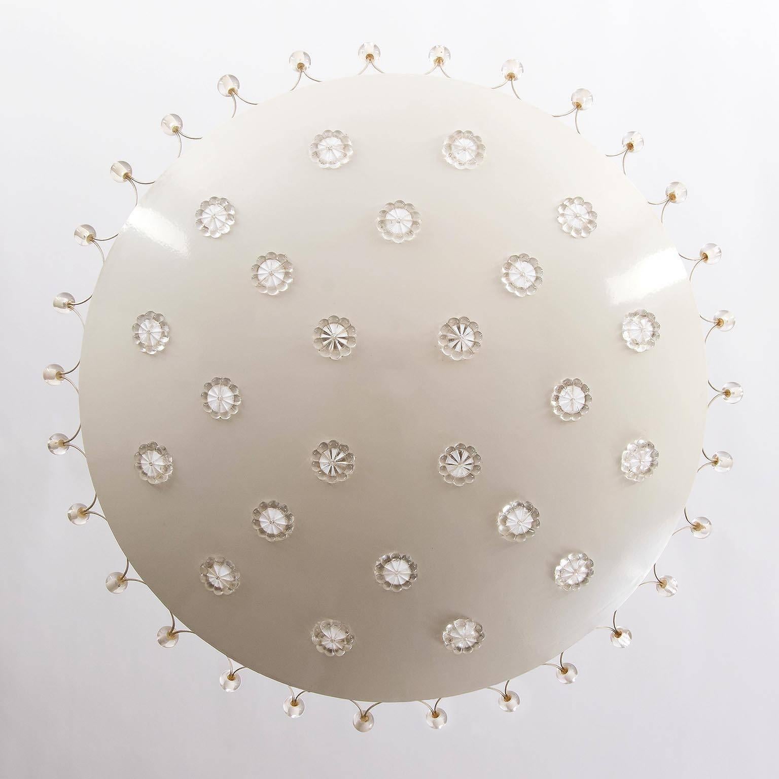 Beautiful ceiling uplight lamp by L.A. Riedinger of Augsburg, Germany. It made of a white enameled dome-shaped metal base with glass blossoms and round glass pearls. This is the larger version with four medium base bulbs.

The length of the stem