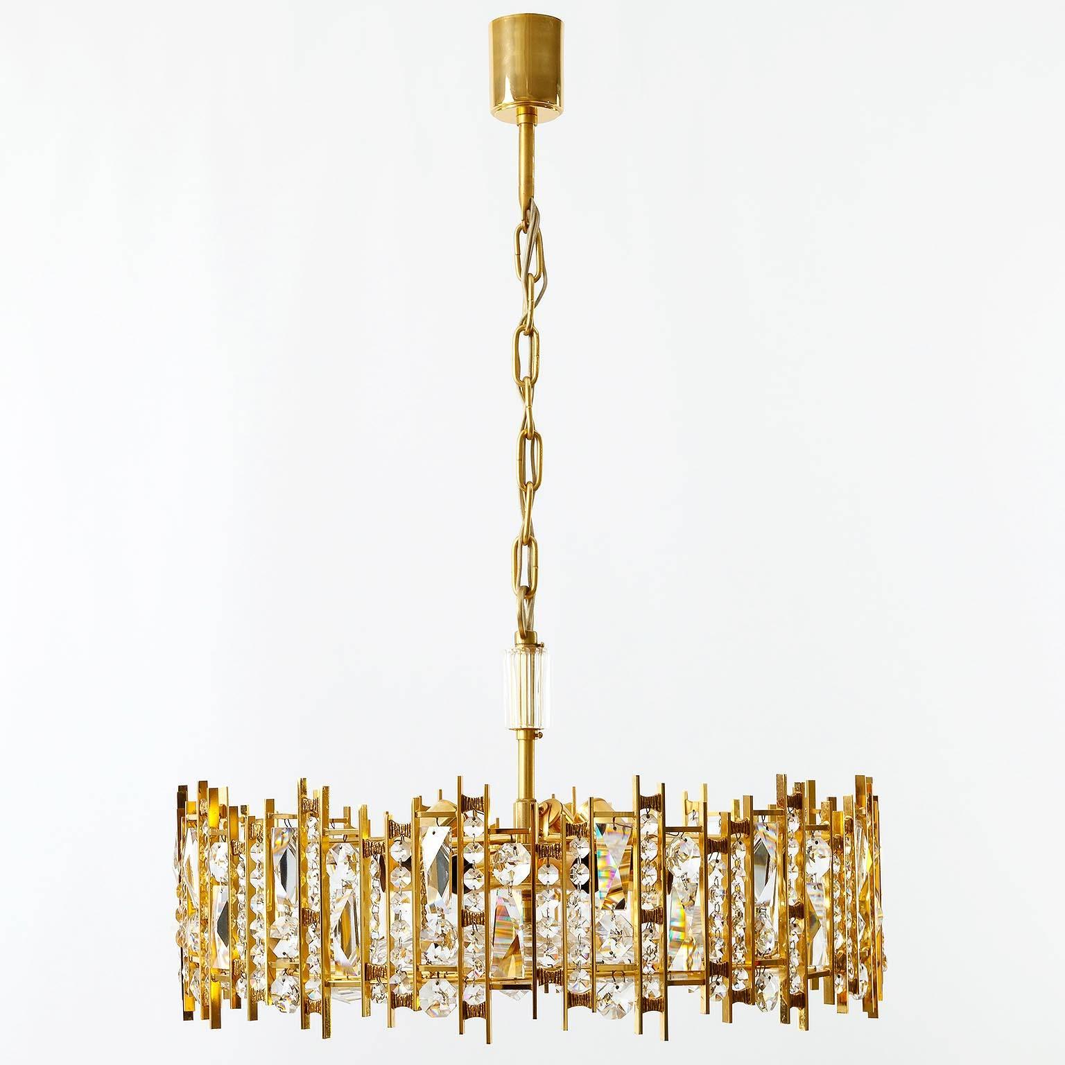 Mid-20th Century Palwa Chandelier Pendant Light, Gilt Brass and Crystal Glass, 1970