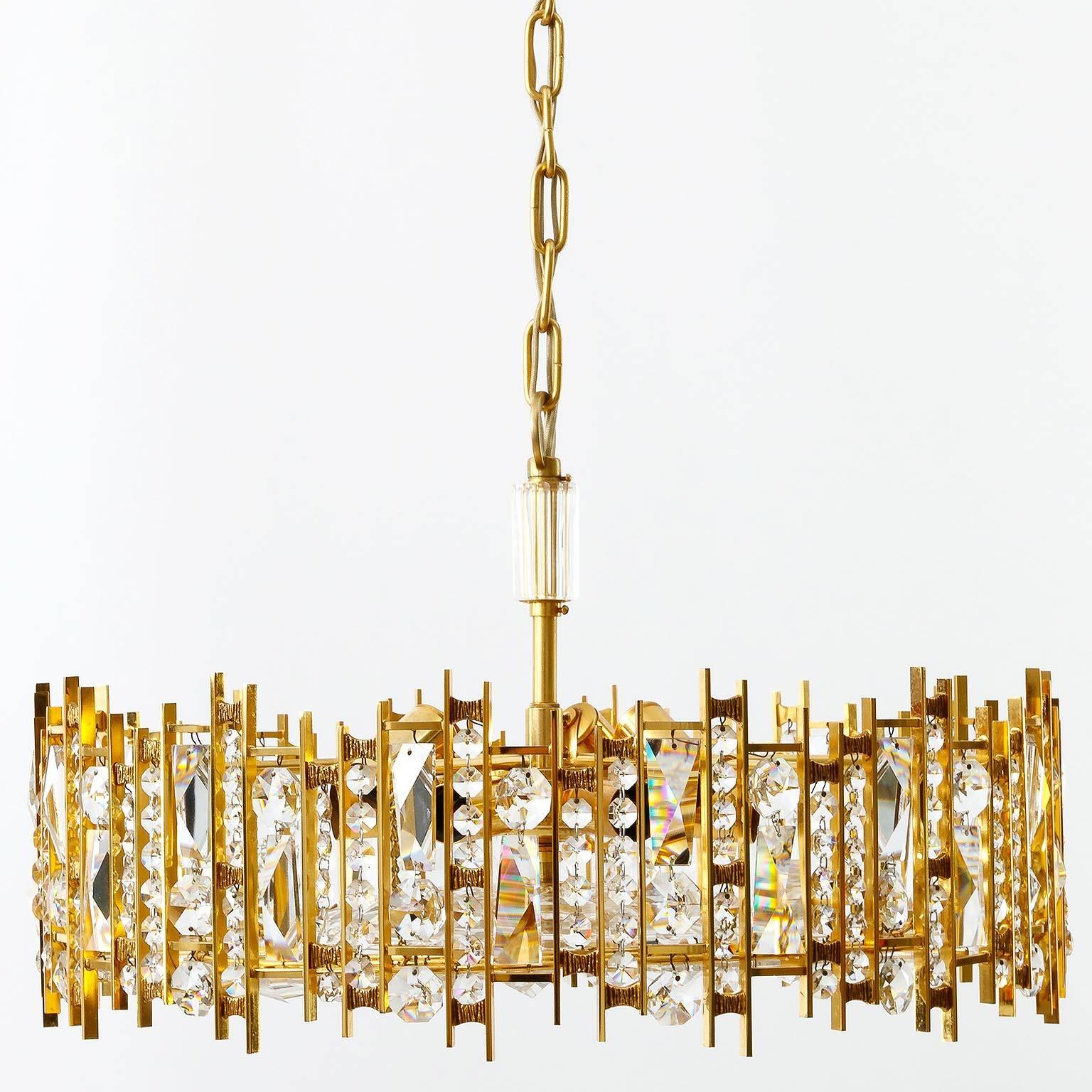 German Palwa Chandelier Pendant Light, Gilt Brass and Crystal Glass, 1970