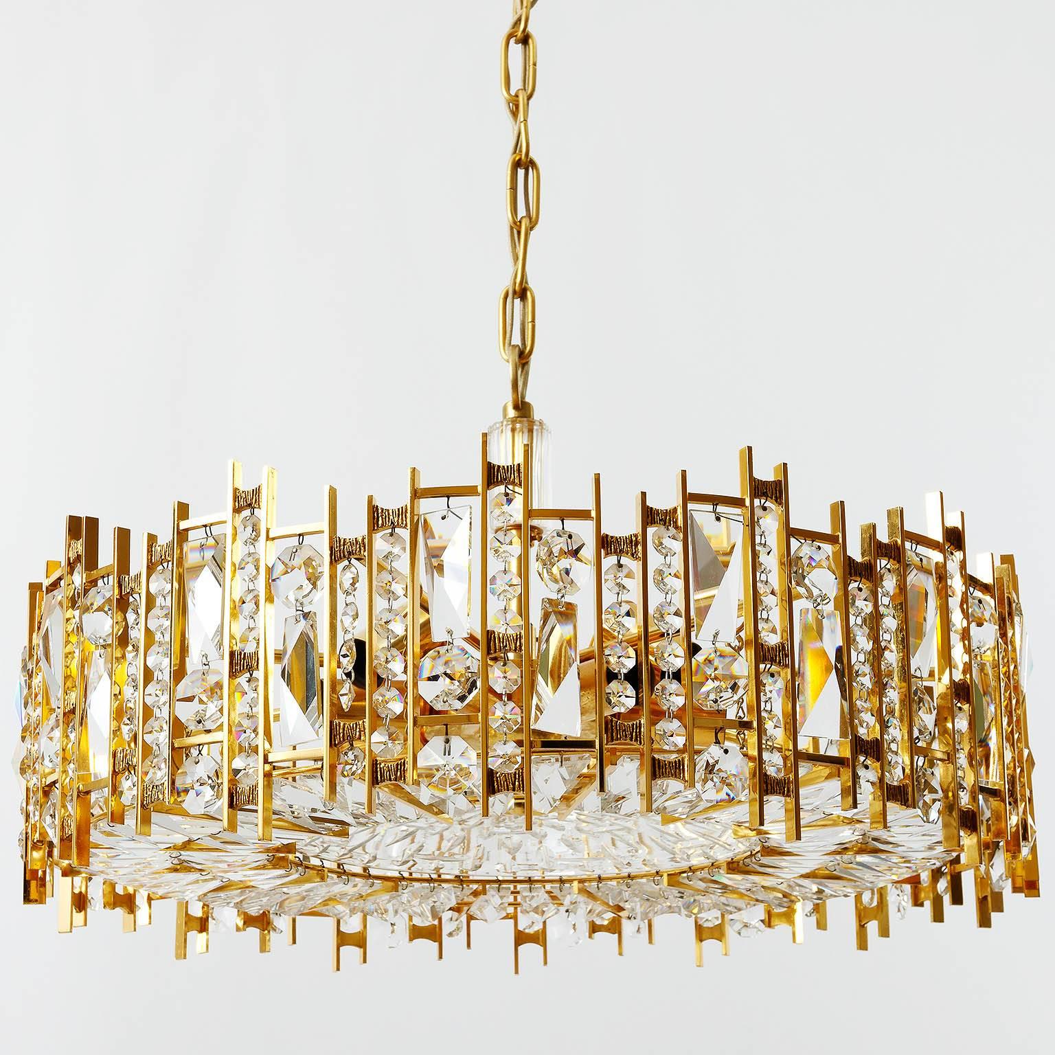 Mid-Century Modern Palwa Chandelier Pendant Light, Gilt Brass and Crystal Glass, 1970