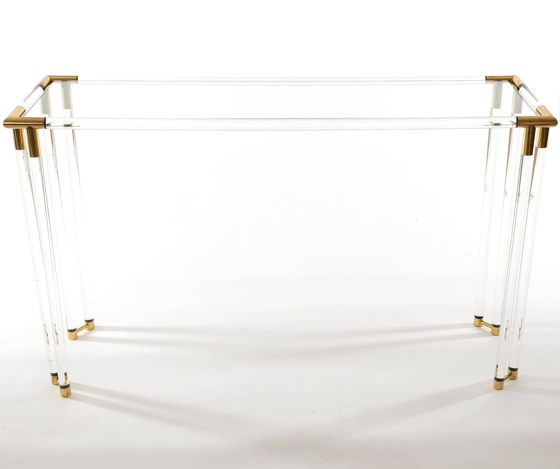 Hollywood Regency Lucite and Brass Console Table, 1970