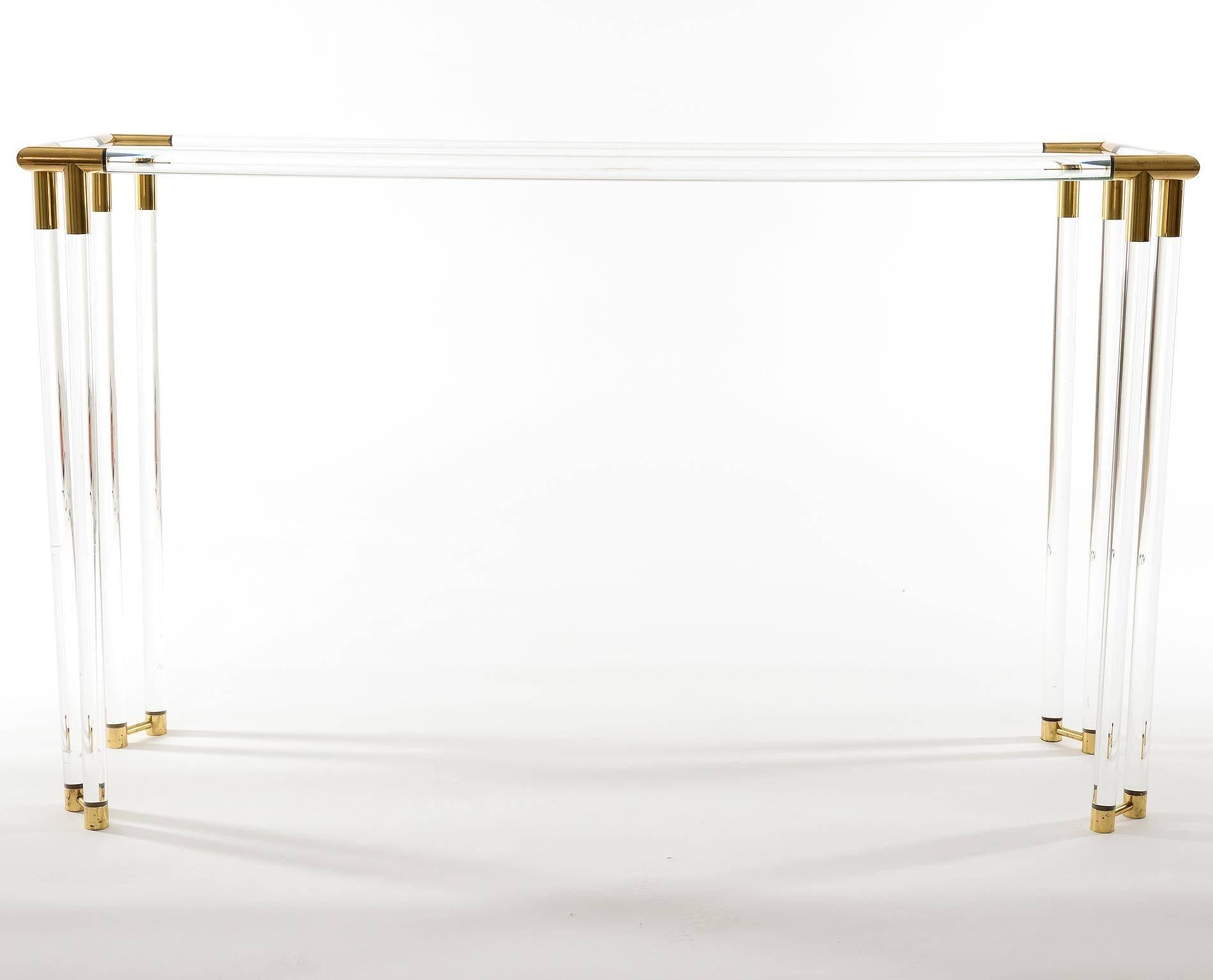 French Lucite and Brass Console Table, 1970