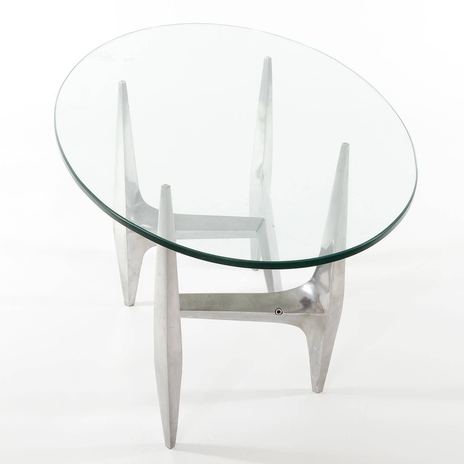 Mid-Century Modern Large Oval Coffee Table by Knut Hesterberg, Glass Aluminum, 1970