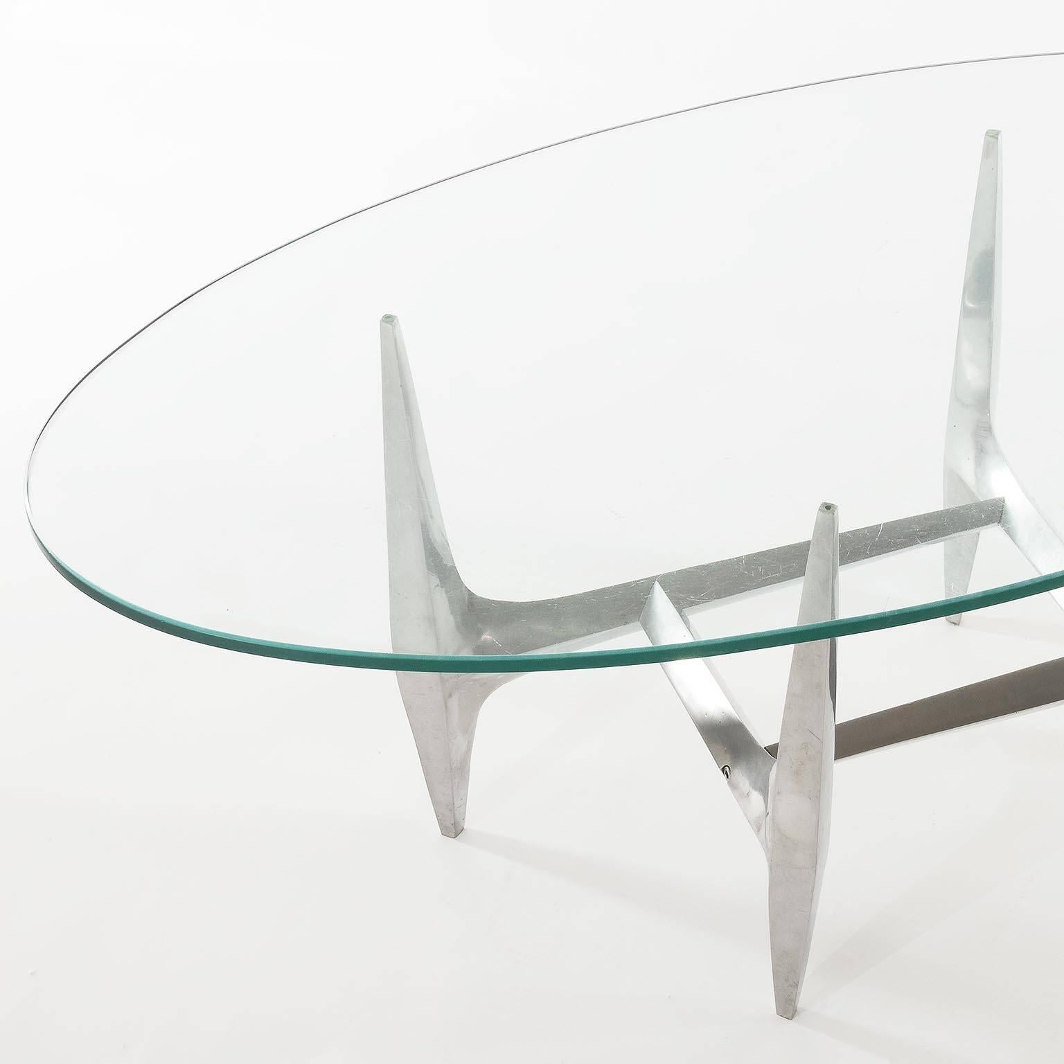 European Large Oval Coffee Table by Knut Hesterberg, Glass Aluminum, 1970