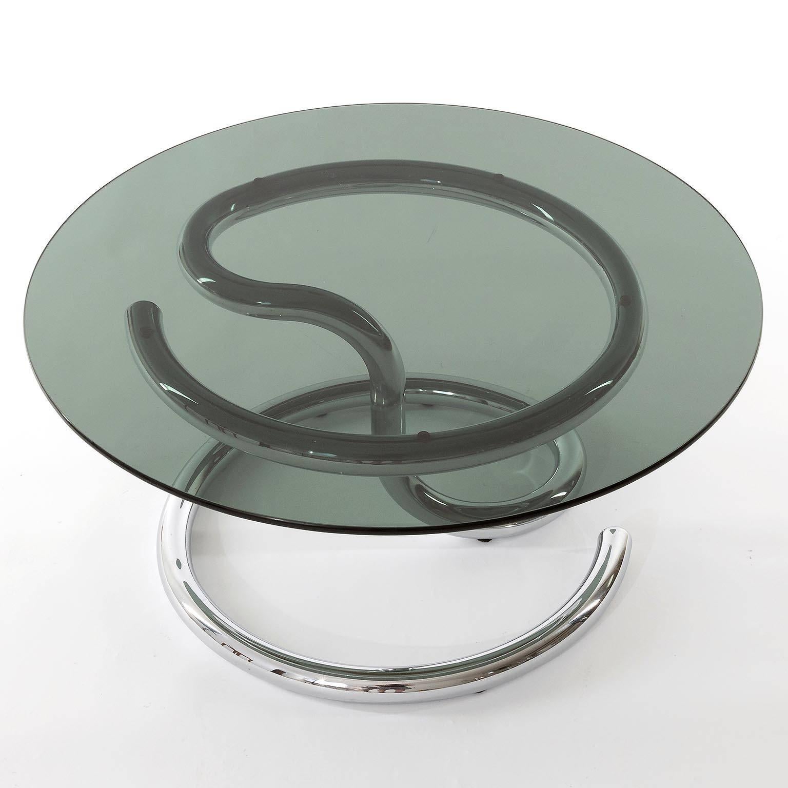Mid-Century Modern One of Two Anaconda Tables, Chrome Smoke Glass, 1970 For Sale