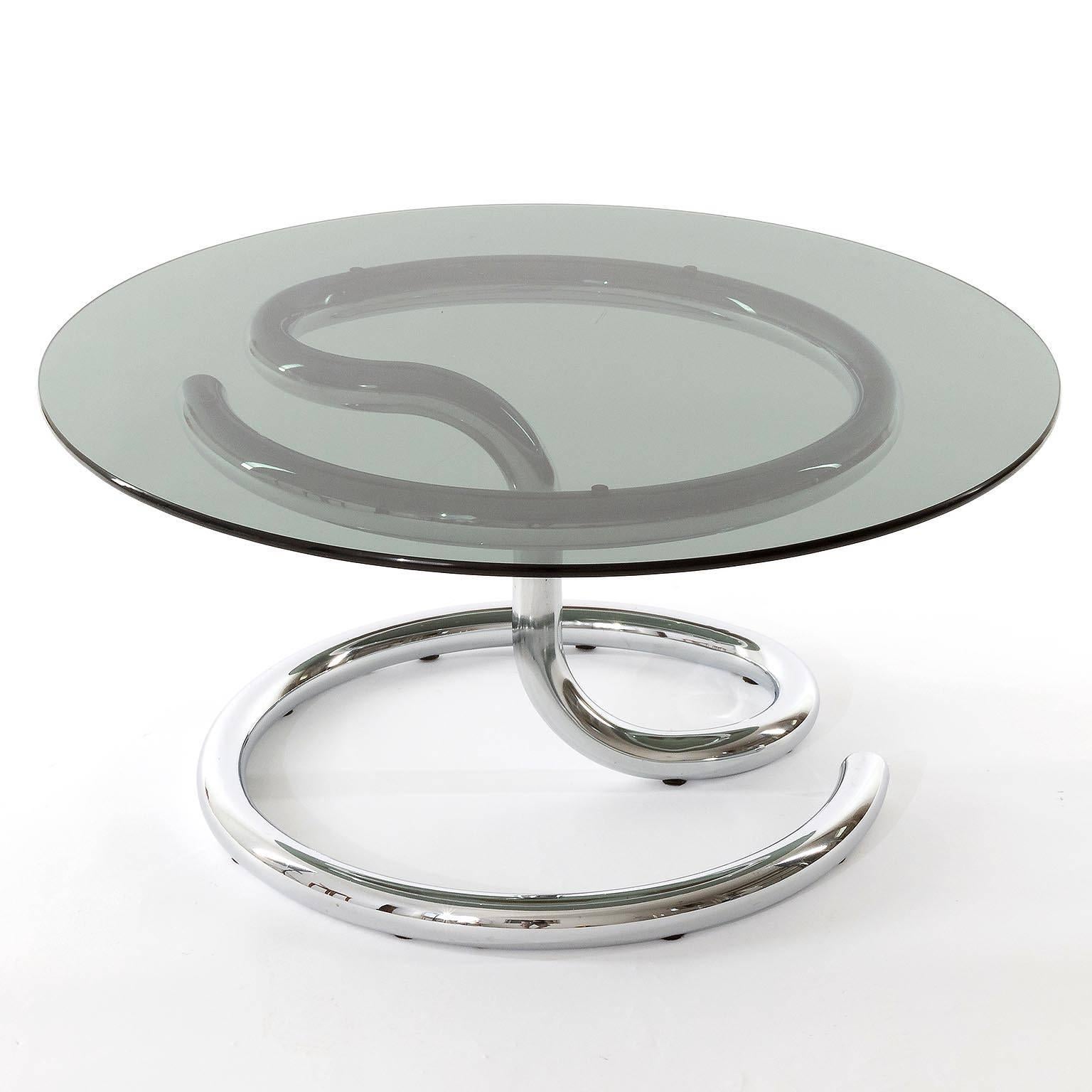 Swiss One of Two Anaconda Tables, Chrome Smoke Glass, 1970 For Sale