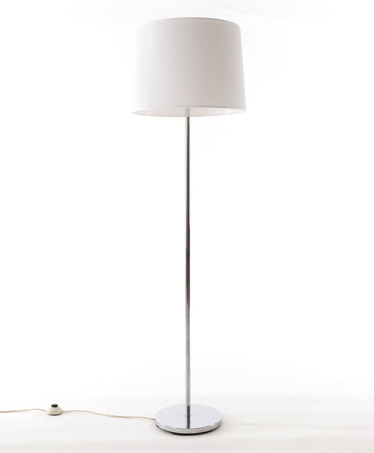 Two floor lamps mod. 'Skop' by J.T. Kalmar, Vienna, manufactured in Austria in Mid-Century 1960s. The stand is made of chrome or nickel-plated brass. Newly refurbished lamp shades. Very simple, minimalistic and timeless design. Each lamp takes three