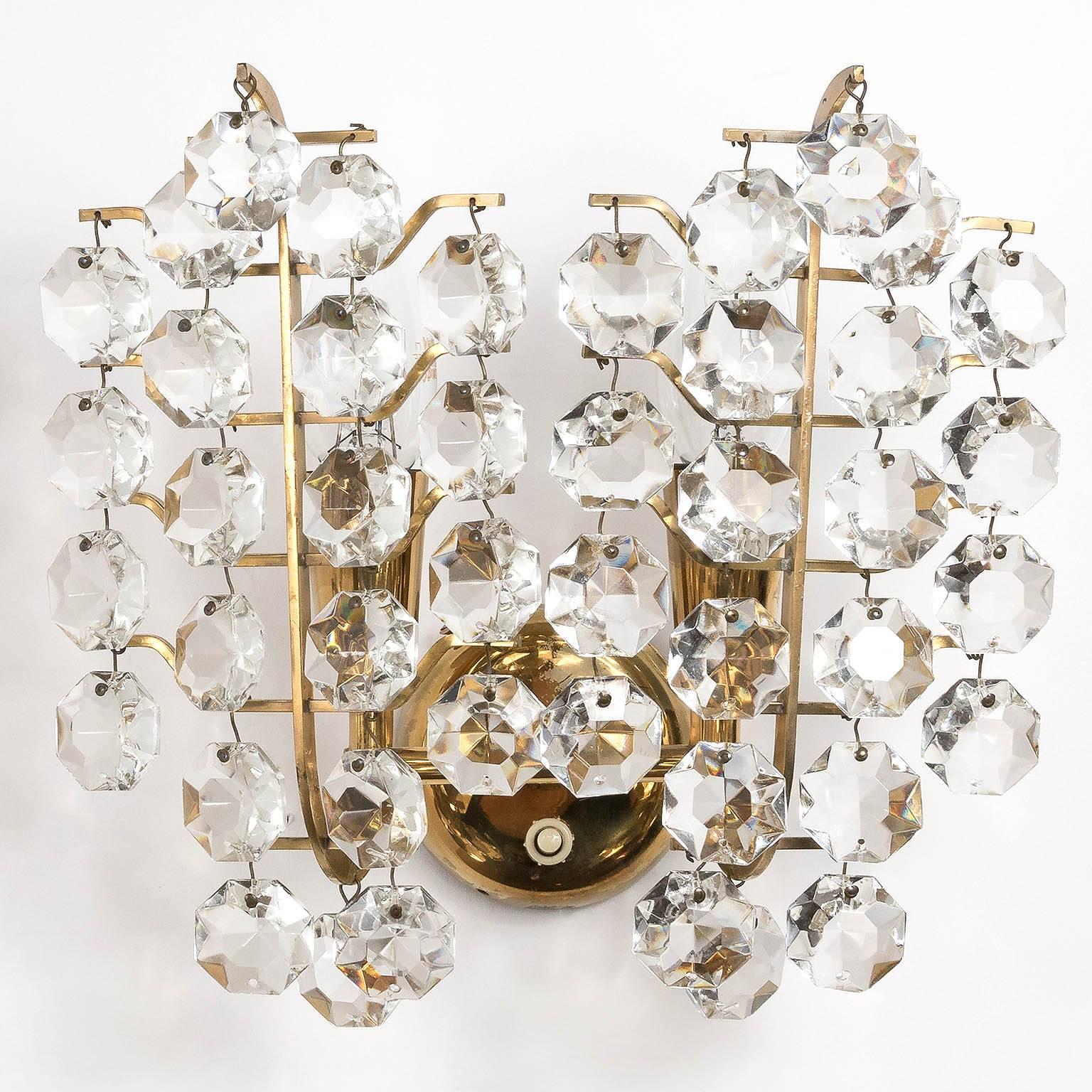 Mid-Century Modern One of Three Bakalowits Sconces, Brass Crystal Glass, 1960s