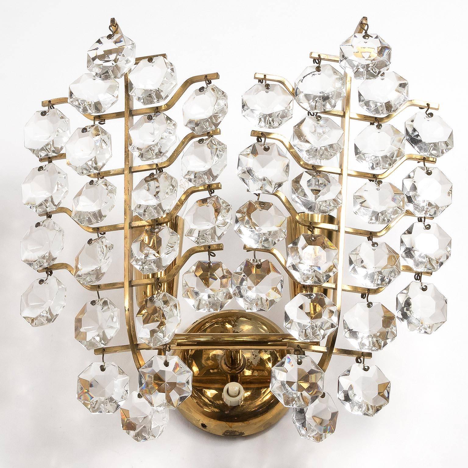 Austrian One of Three Bakalowits Sconces, Brass Crystal Glass, 1960s