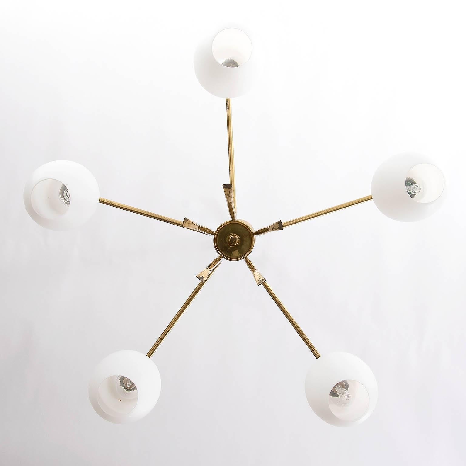 Mid-20th Century 1960s Chandelier, Brass and Opal Glass by Rupert Nikoll, Austria