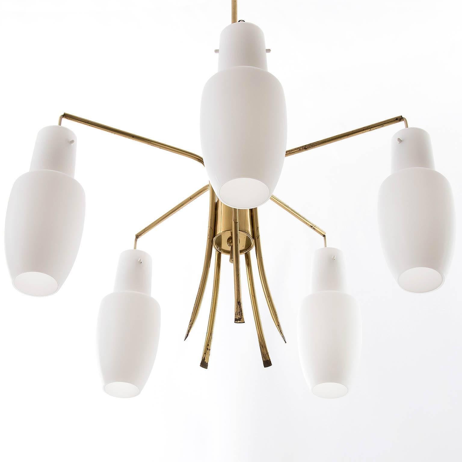 Mid-Century Modern 1960s Chandelier, Brass and Opal Glass by Rupert Nikoll, Austria