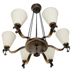 Large Art Deco Pendant Light Chandelier, Patinated Brass Cream Silk Shades 1930s