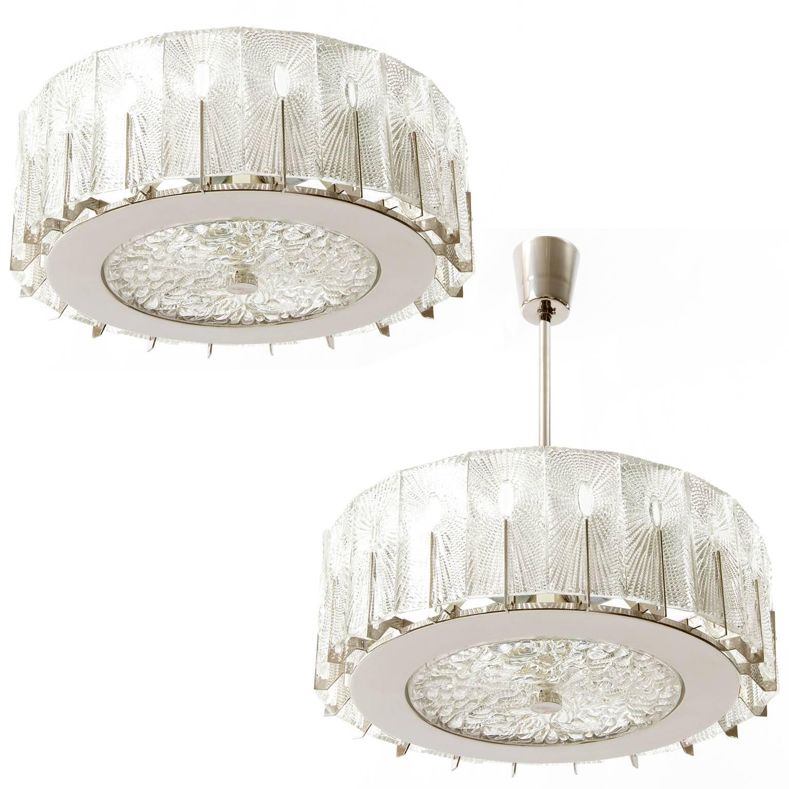 Pair of Chandeliers or Flush Mount Lights by Rupert Nikoll, Glass Nickel, 1950s