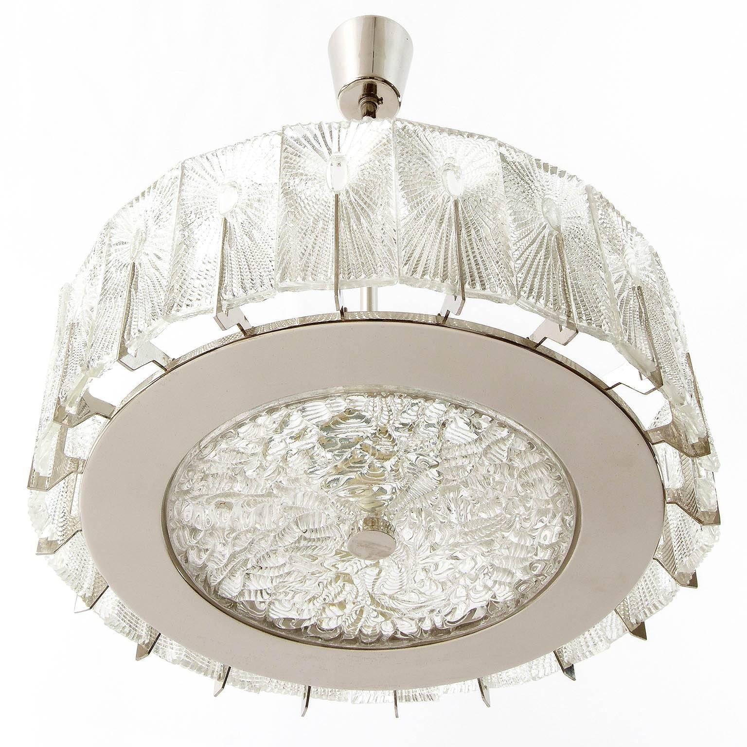 Enameled Pair of Chandeliers or Flush Mount Lights by Rupert Nikoll, Glass Nickel, 1950s