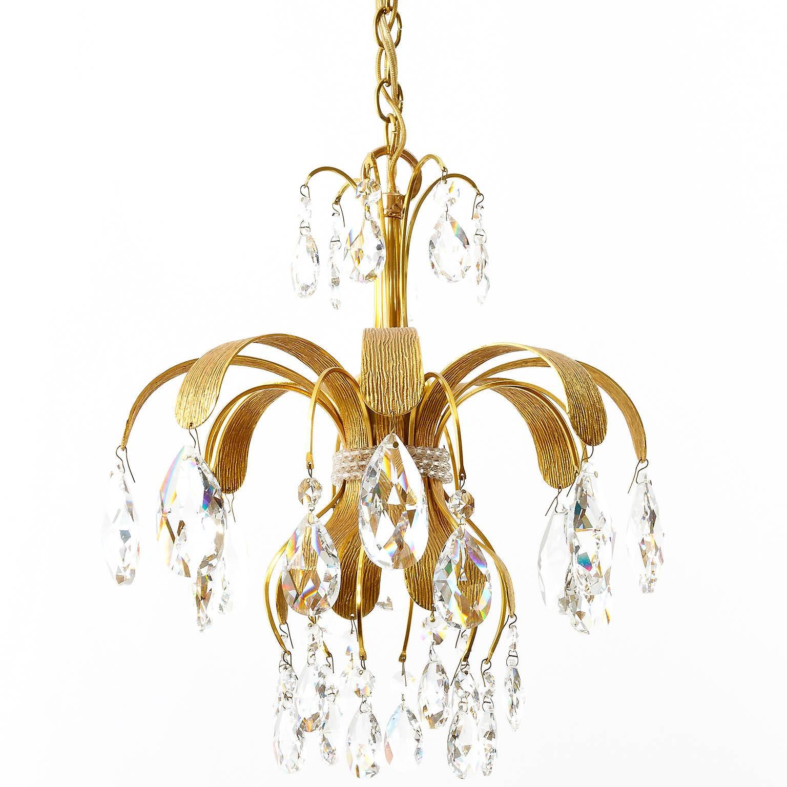 Three Palwa Pendant Lights, Gilt Brass Crystal Glass, 1960s In Excellent Condition In Hausmannstätten, AT