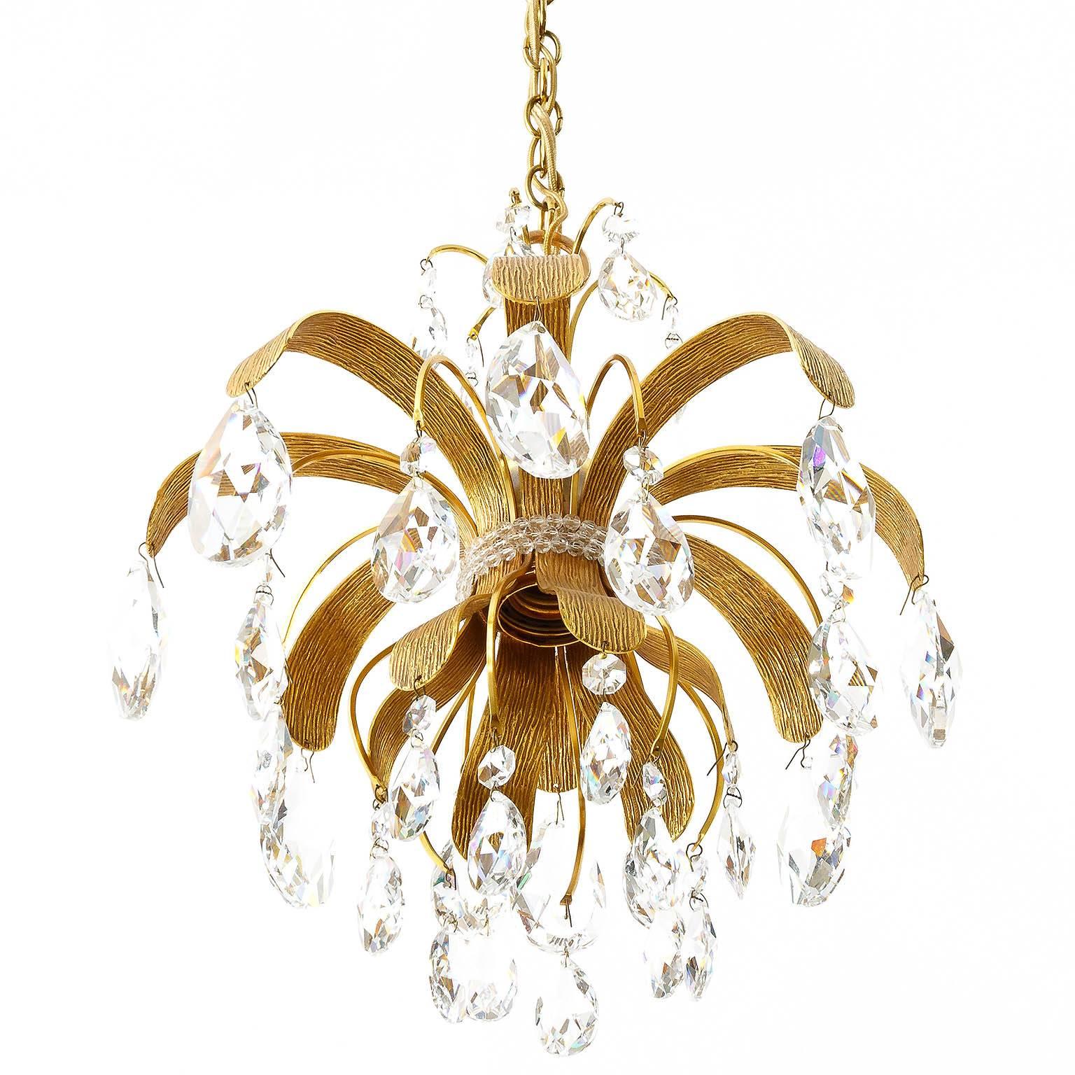 Mid-20th Century Three Palwa Pendant Lights, Gilt Brass Crystal Glass, 1960s