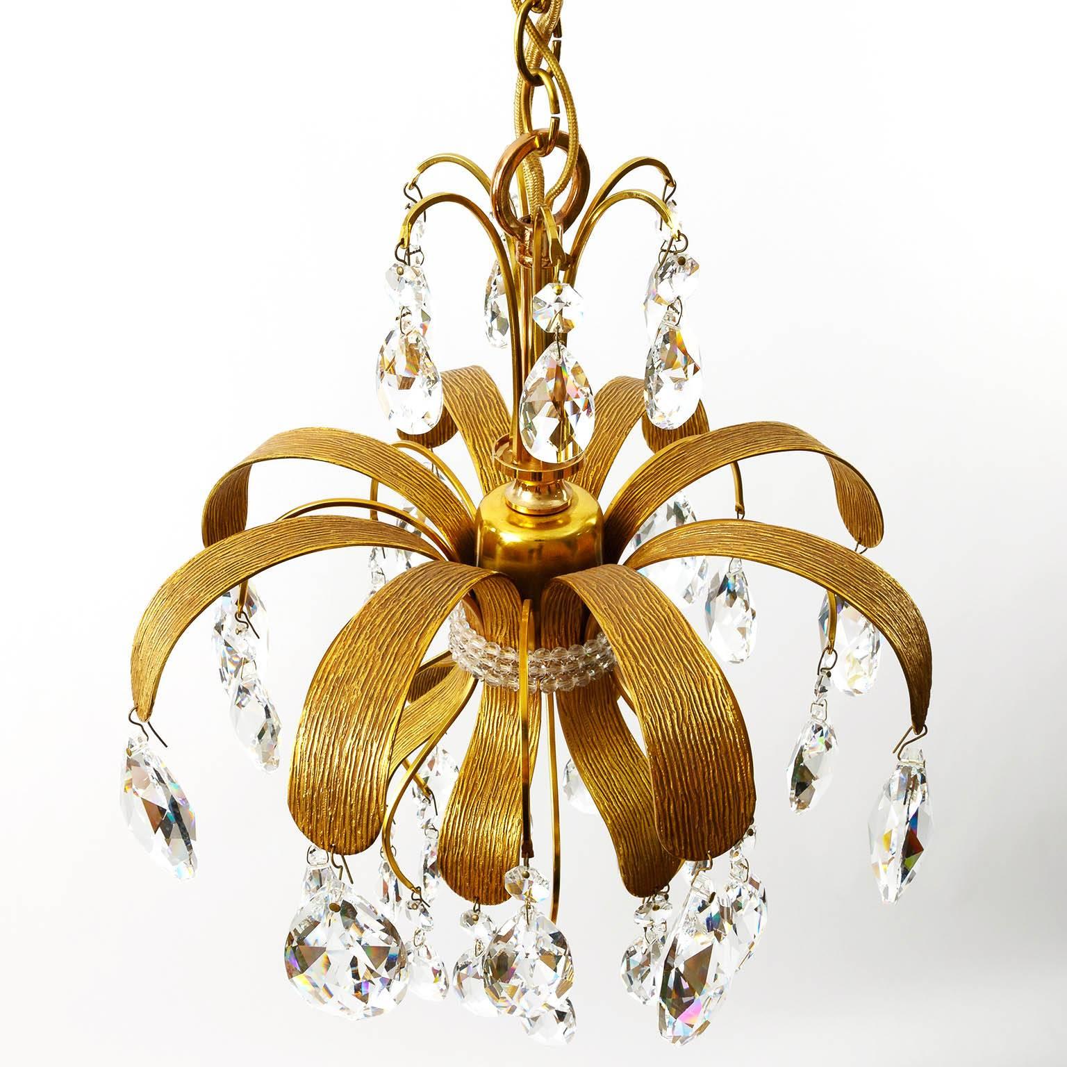 Three Palwa Pendant Lights, Gilt Brass Crystal Glass, 1960s 1