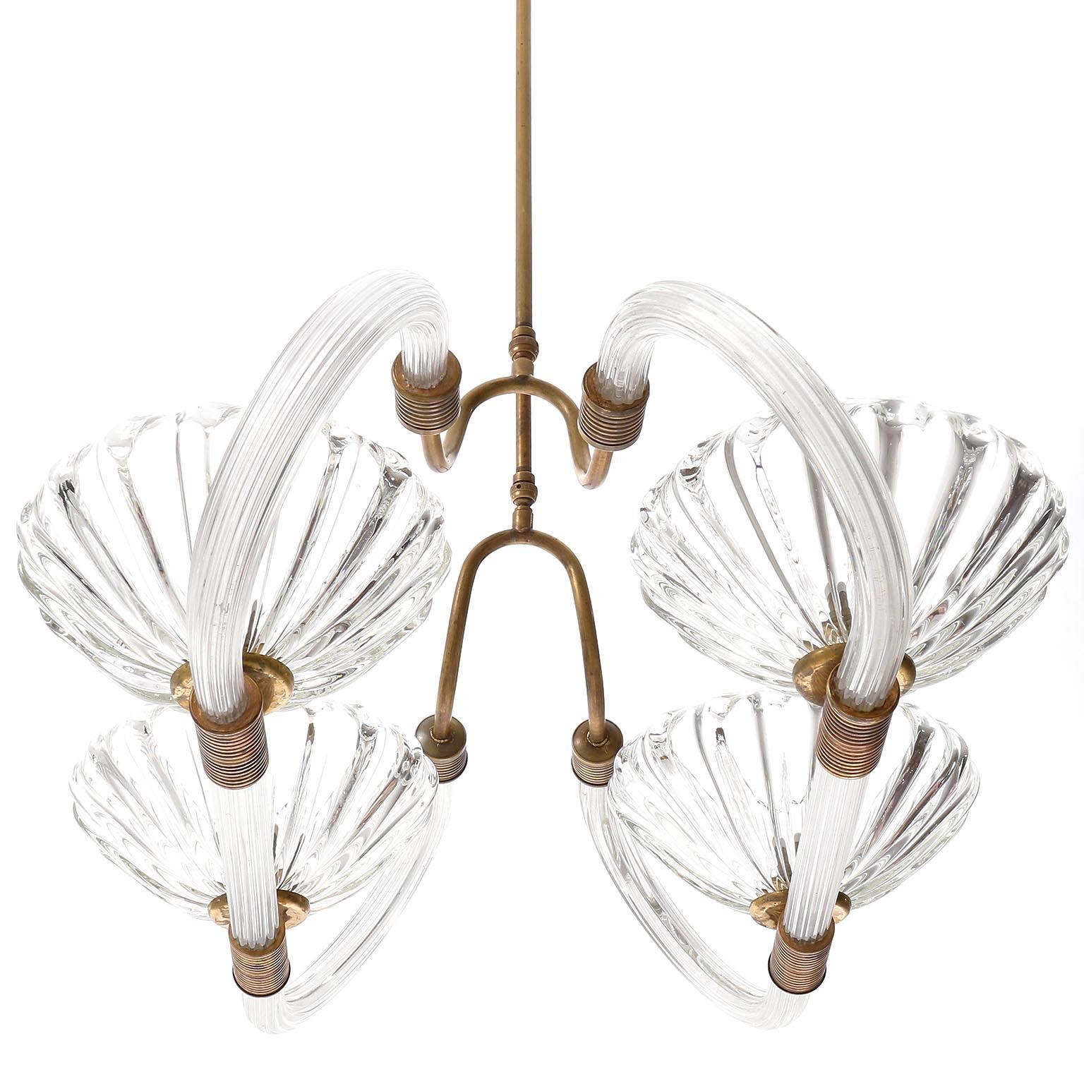 Art Deco Barovier Chandelier, Glass and Brass, Italy, 1940s