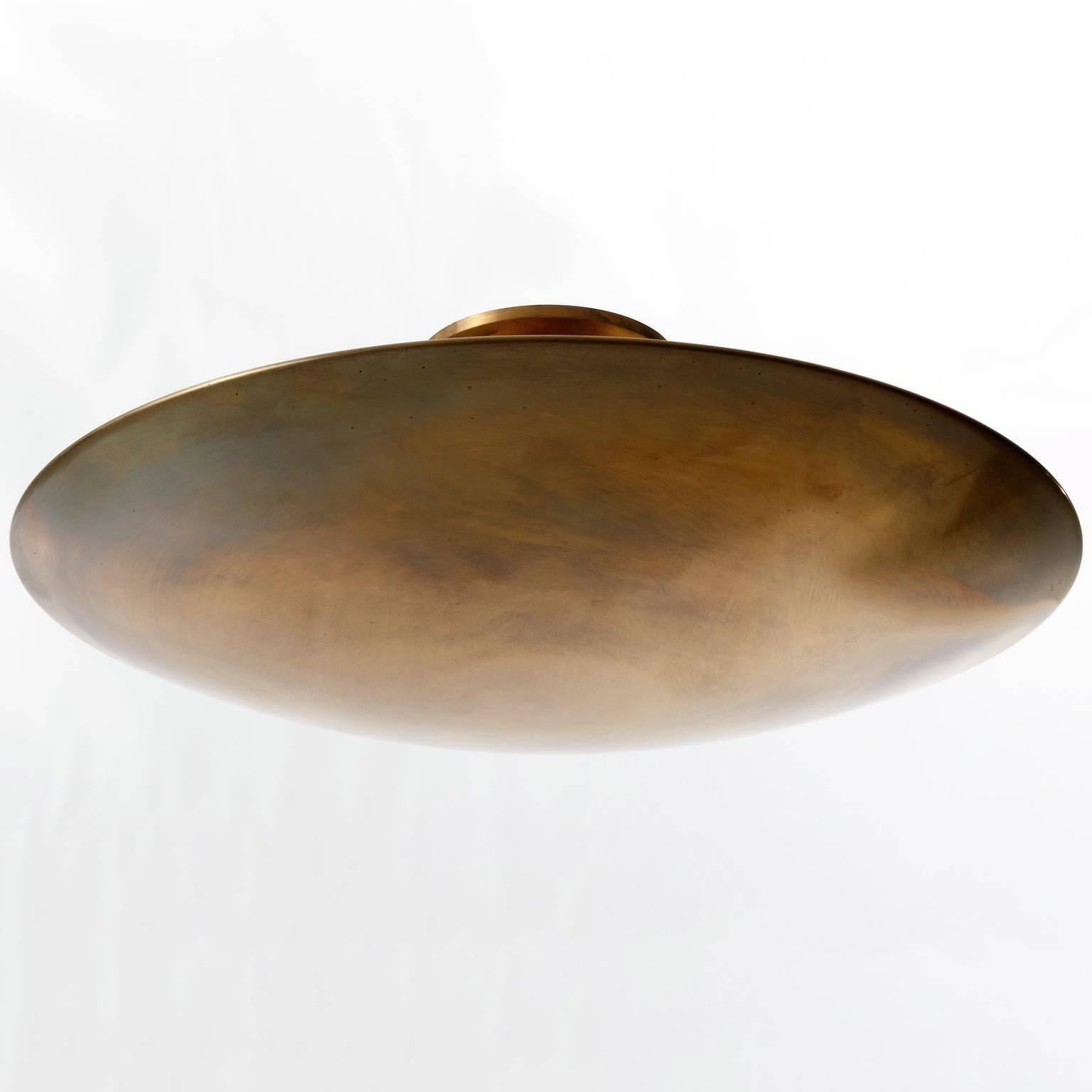 Mid-Century Modern Large Florian Schulz Flush Mount Light, Patinated Brass Bowl, 1970s