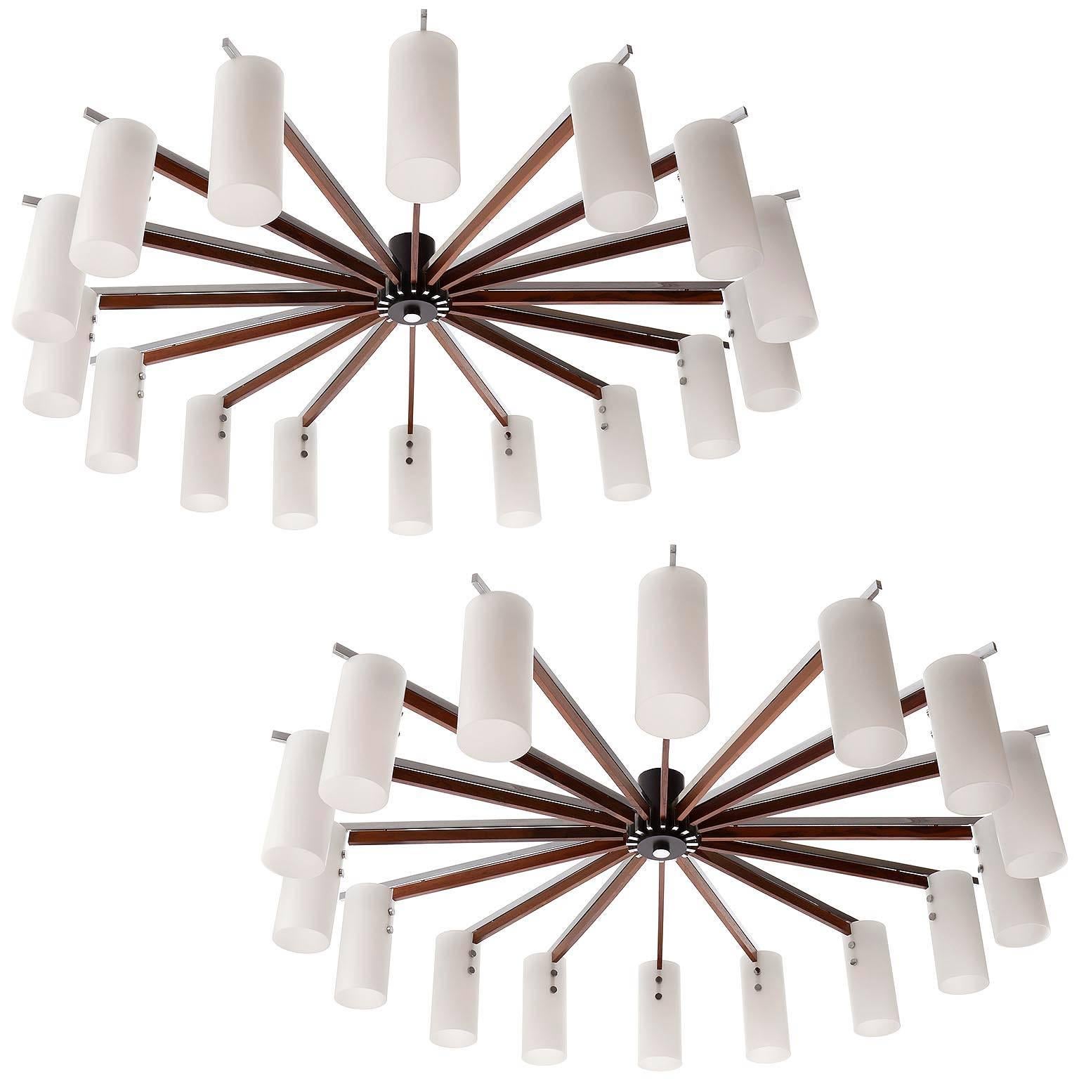 Two Huge Flush Mount Light Fixtures, Opal Glass Wood Nickel, Austria, 1970