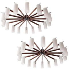 Two Huge Flush Mount Light Fixtures, Opal Glass Rosewood Nickel, Austria, 1970