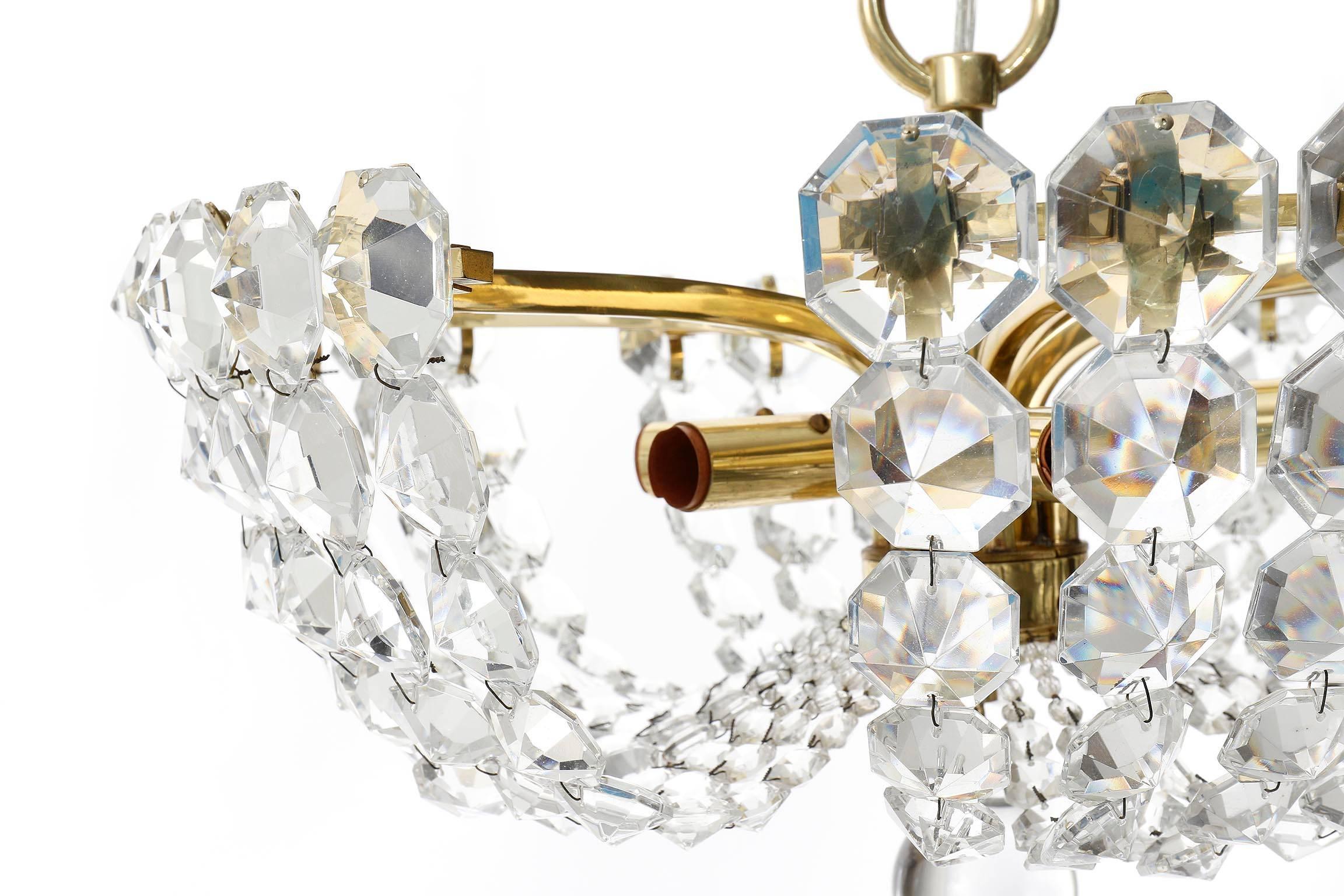 Rare J.L. Lobmeyr Chandelier Pendant Light, Brass Crystal Glass, Austria, 1960s 4