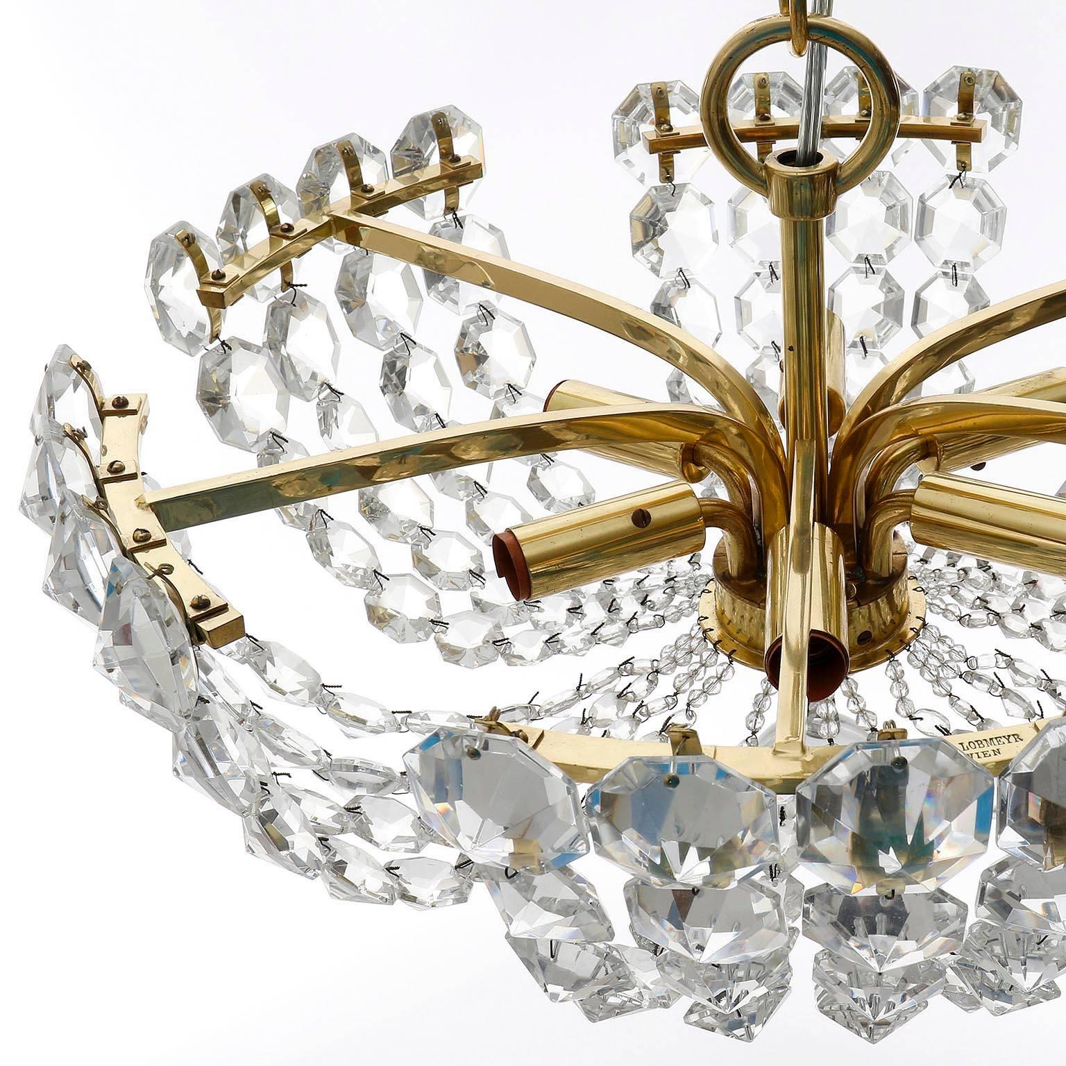 Rare J.L. Lobmeyr Chandelier Pendant Light, Brass Crystal Glass, Austria, 1960s 2