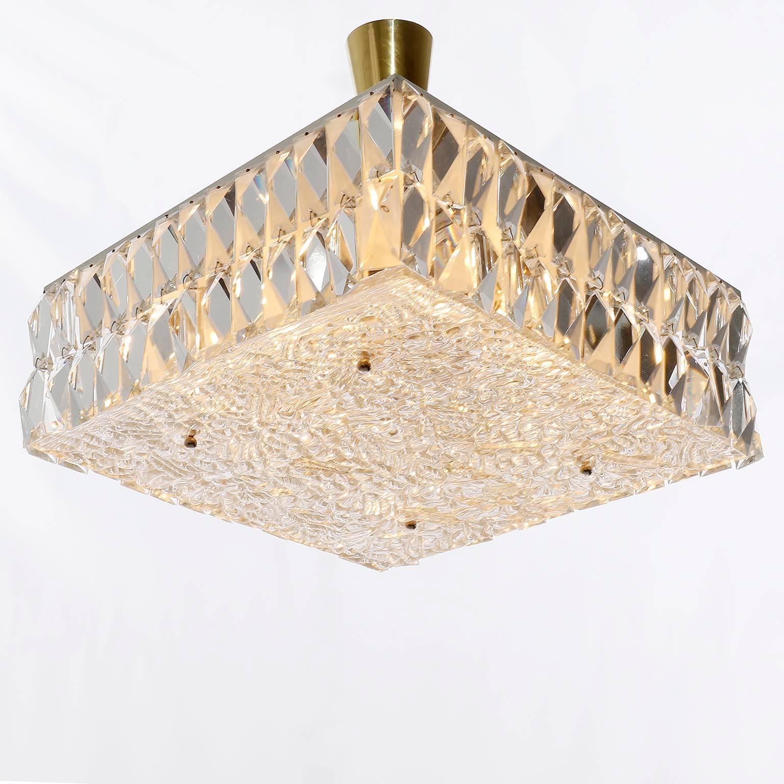 Square Kalmar Light Fixture, Textured and Crystal Glass, 1960s, One of Two (Geschliffenes Glas)