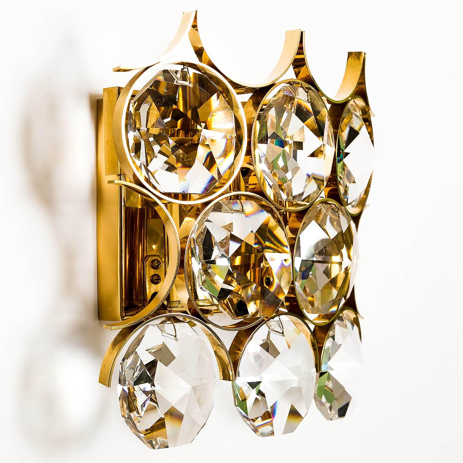 German Pair of Palwa Sconces Wall Lights in Gilded Brass with Large Crystals, 1960s For Sale