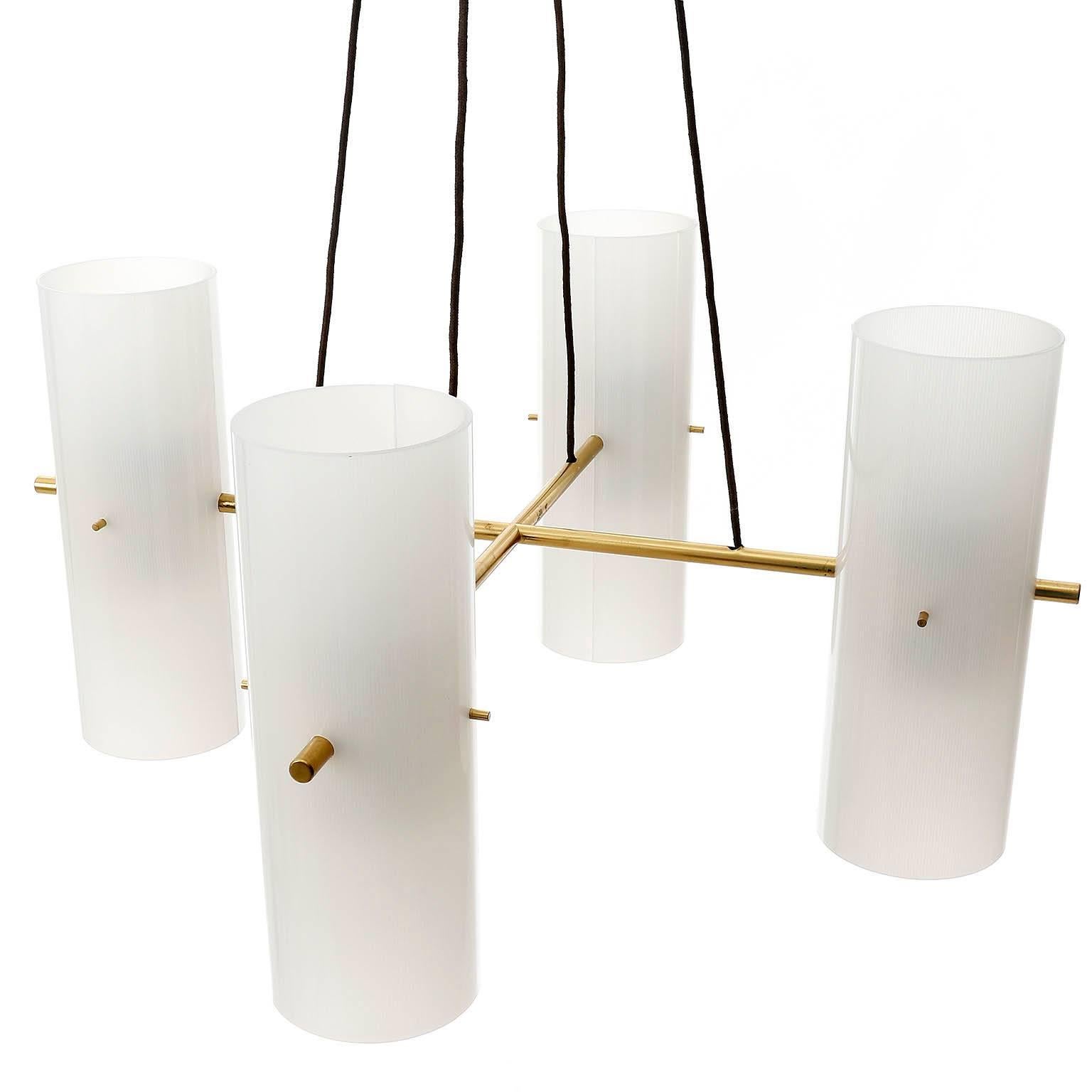 Kalmar Pendant Light 'Vierzylinder', Brass Opal Acrylic Glass, 1960s (Moderne der Mitte des Jahrhunderts)
