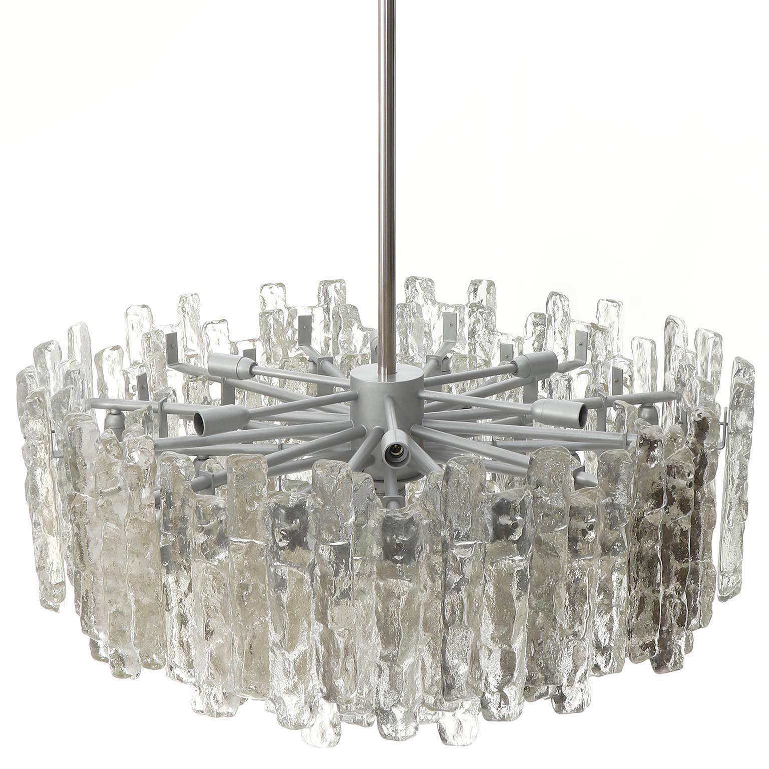 Frosted One of Two Large Kalmar Chandeliers, Ice Glass and Nickel, 1960s For Sale