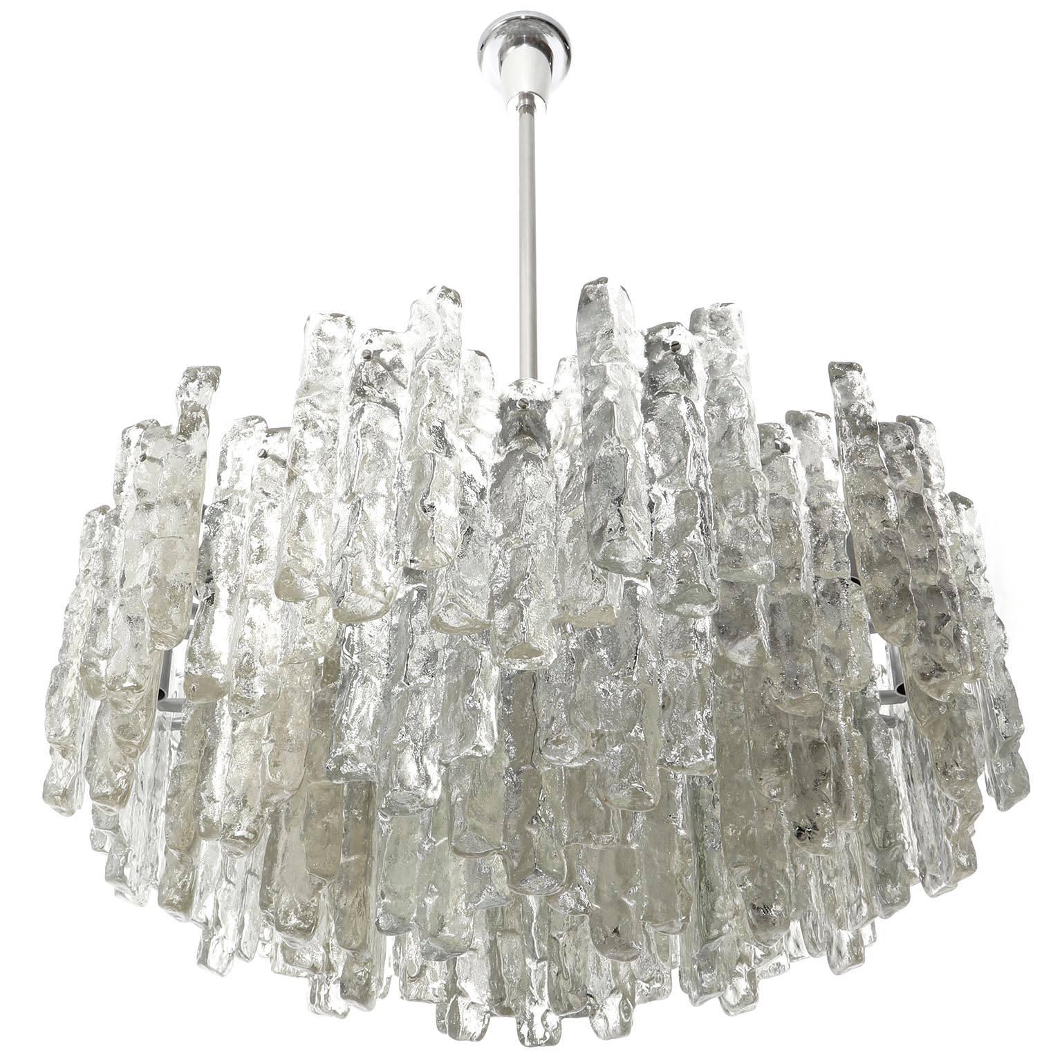 Mid-Century Modern One of Two Large Kalmar Chandeliers, Ice Glass and Nickel, 1960s For Sale
