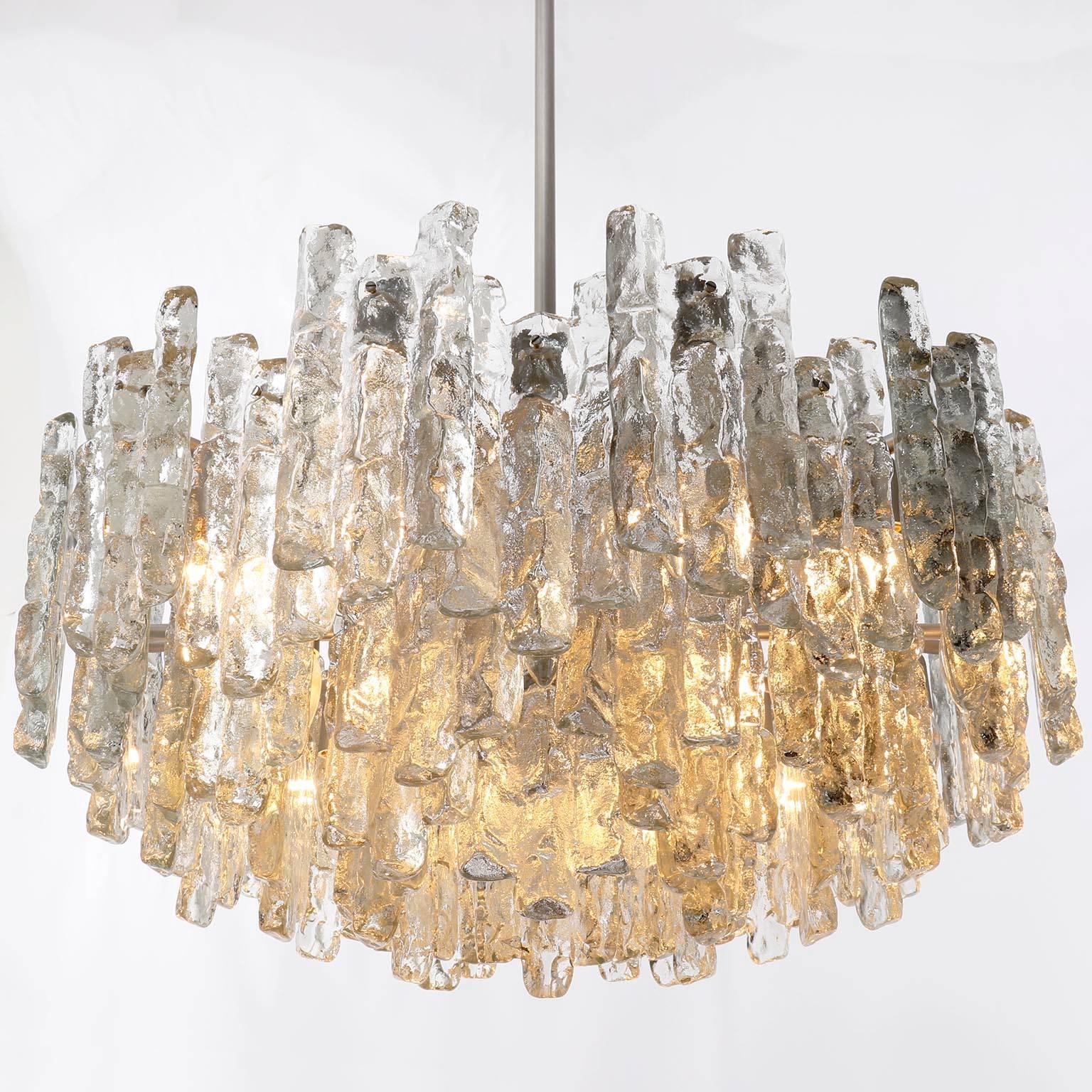 Late 20th Century One of Two Large Kalmar Chandeliers, Ice Glass and Nickel, 1960s For Sale