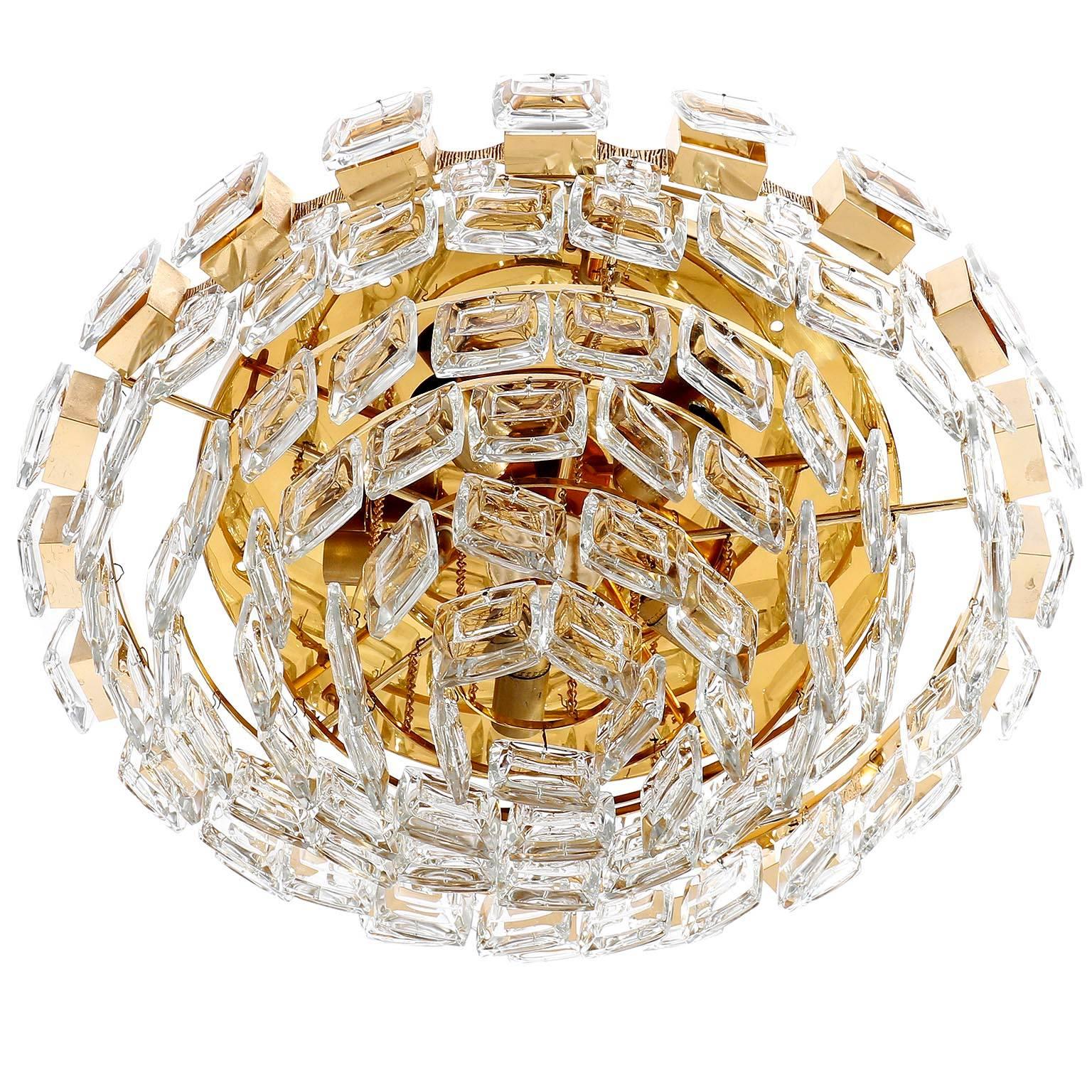 Late 20th Century Mid-Century Modern Flush Mount Light by Palwa, Gilt Brass Crystal Glass, 1970