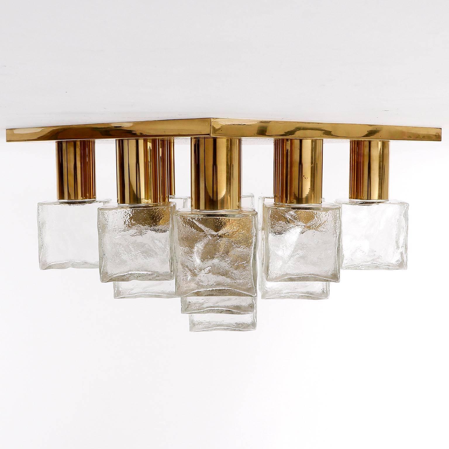 Polished Square Kalmar Flush Mount Light or Sconce, Brass Cast Ice Glass, 1970, 1 of 3 For Sale