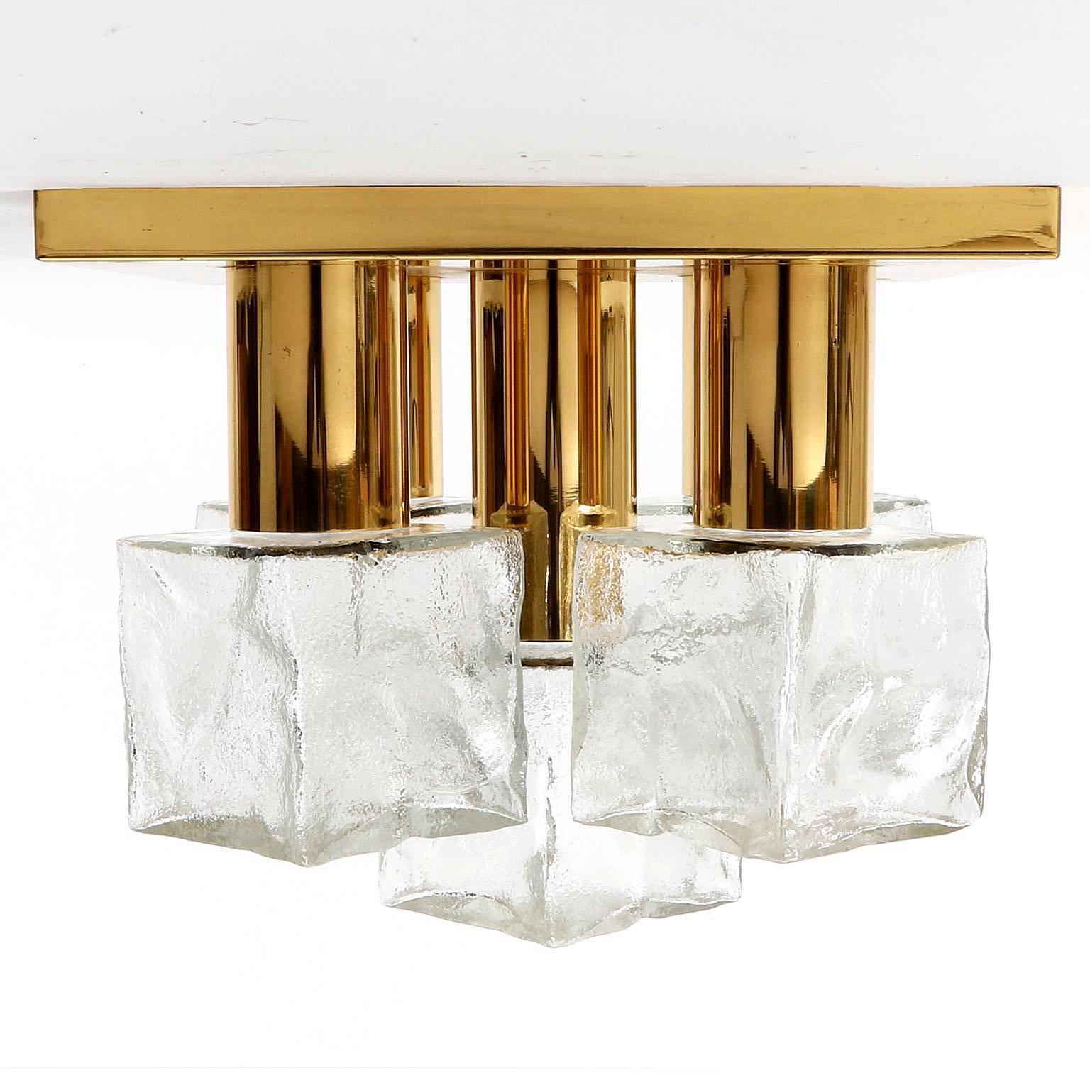 German Four Modulare Kalmar Flush Mount Lights or Sconces, Brass Cast Glass, 1970 For Sale