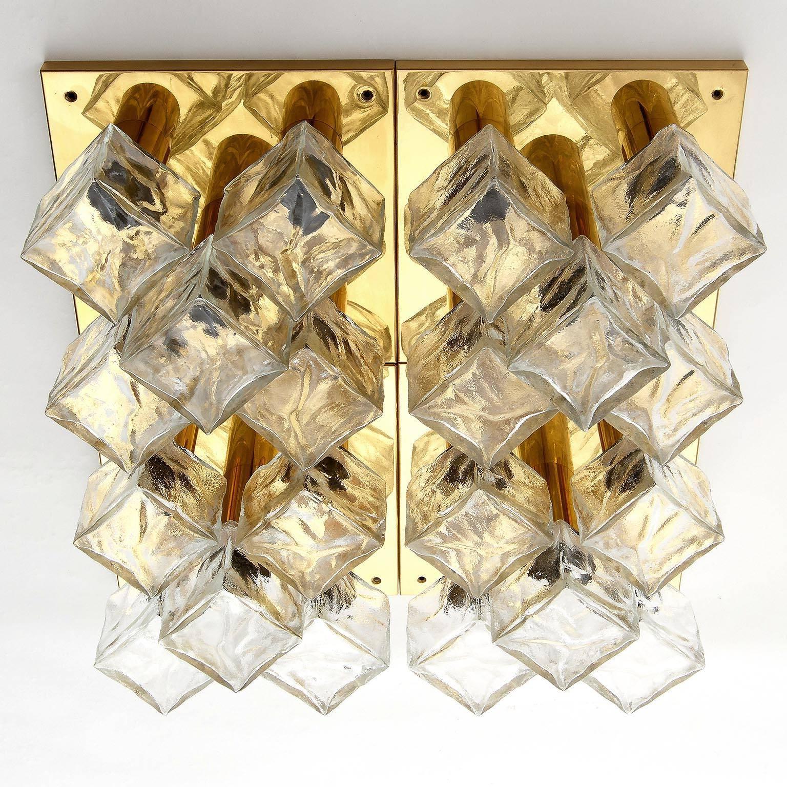 Blown Glass Four Modulare Kalmar Flush Mount Lights or Sconces, Brass Cast Glass, 1970 For Sale
