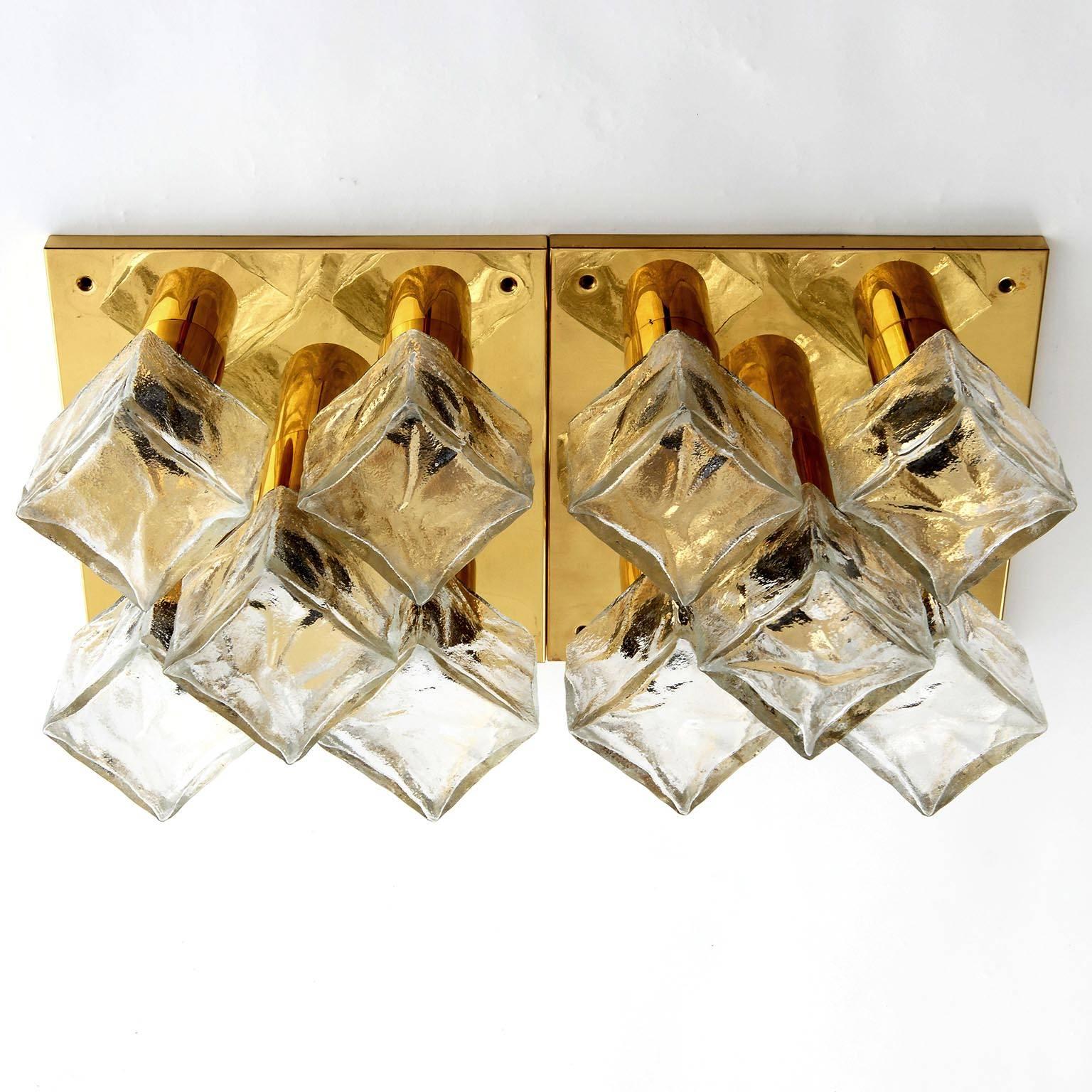 Late 20th Century Four Modulare Kalmar Flush Mount Lights or Sconces, Brass Cast Glass, 1970 For Sale