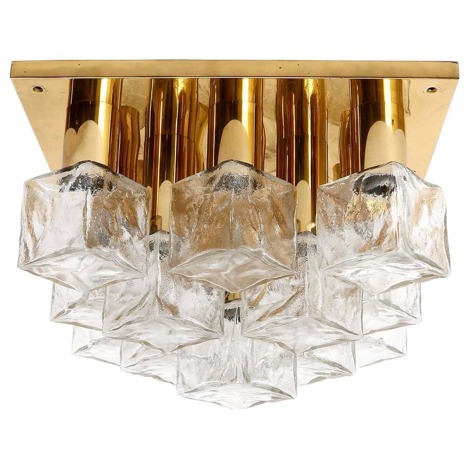 Four Modulare Kalmar Flush Mount Lights or Sconces, Brass Cast Glass, 1970 For Sale 2