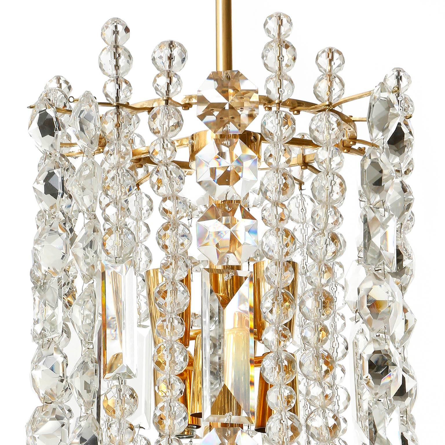 Cut Glass Bakalowits Chandelier Pendant Light, Gilt Brass Crystal Glass, 1960s For Sale