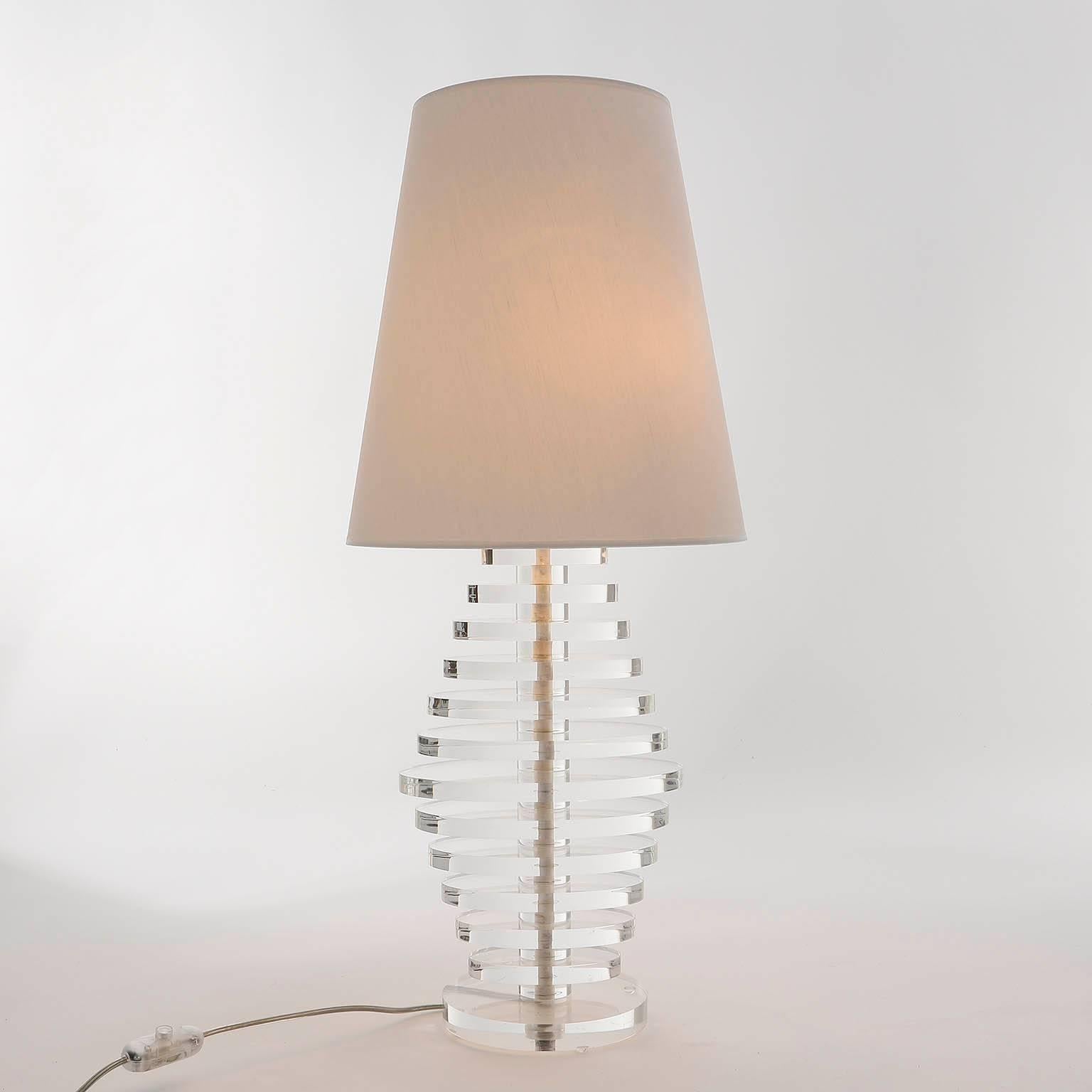 Late 20th Century Large Karl Springer Style Table Lamp, Stacked Lucite Chrome, 1970 For Sale