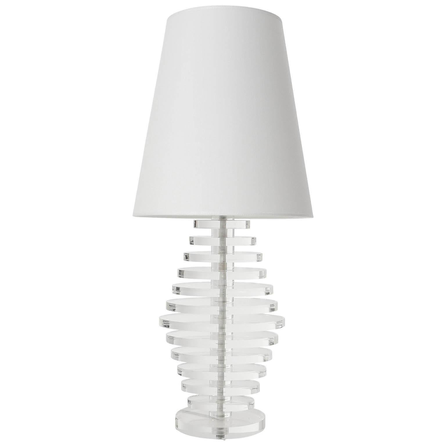 Large Karl Springer Style Table Lamp, Stacked Lucite Chrome, 1970 For Sale