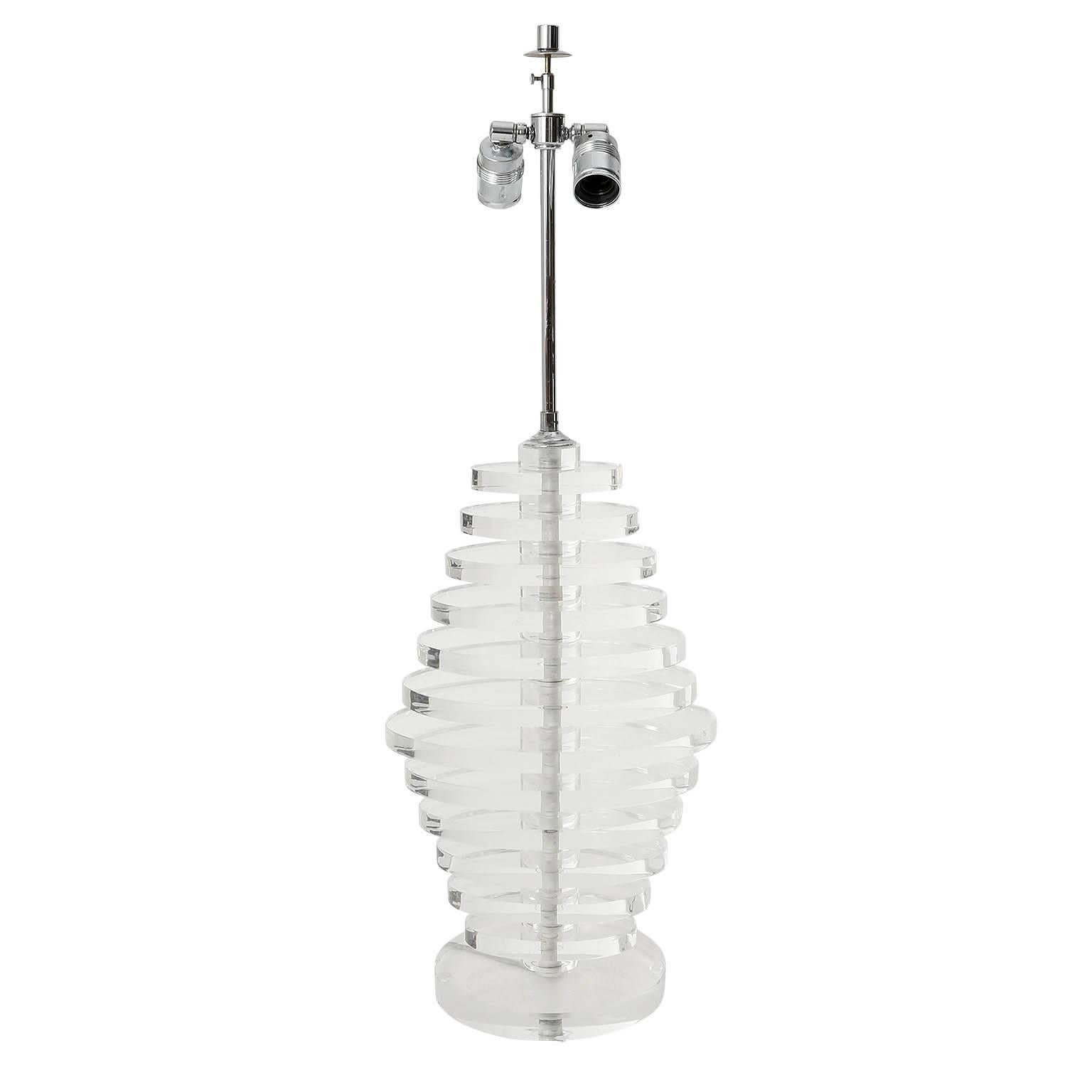 Italian Large Karl Springer Style Table Lamp, Stacked Lucite Chrome, 1970 For Sale