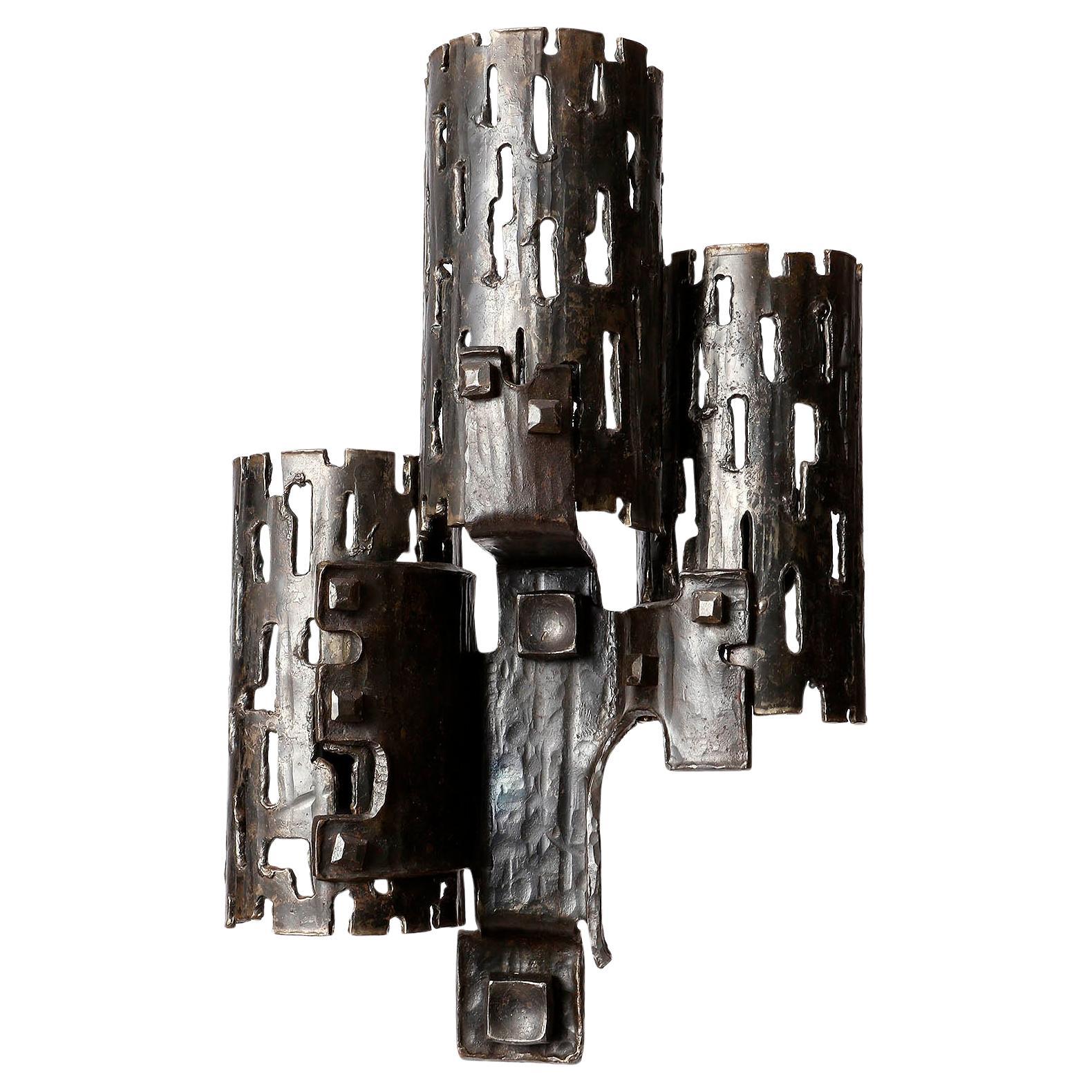 Mid-Century Modern Pair Large Unique Brutalist Sconces Wall Lights, Black Metal Wrought Iron, 1970 For Sale