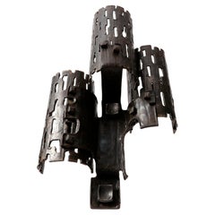 Pair Large Unique Brutalist Sconces Wall Lights, Black Metal Wrought Iron, 1970