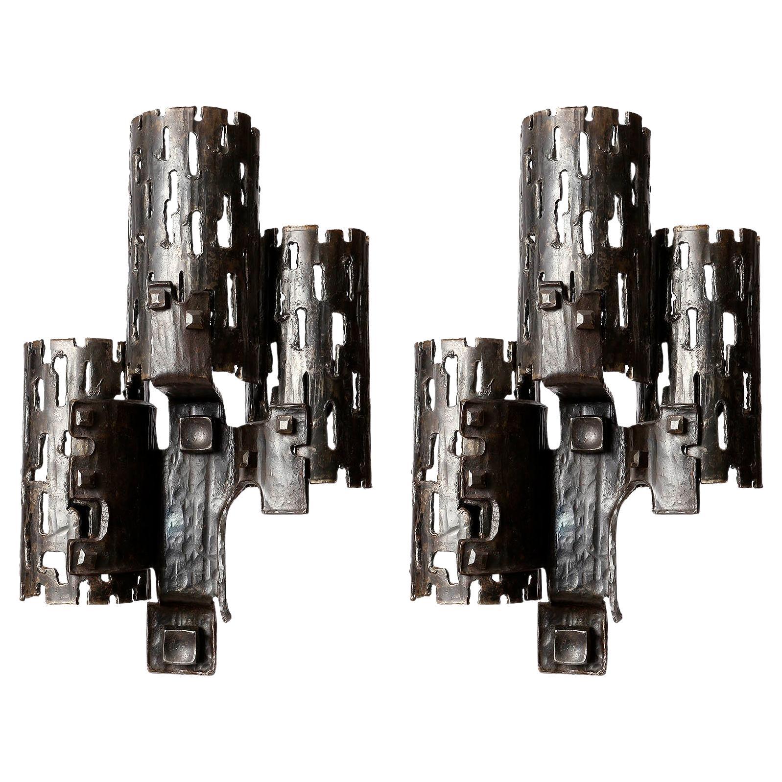Pair Large Unique Brutalist Sconces Wall Lights, Black Metal Wrought Iron, 1970
